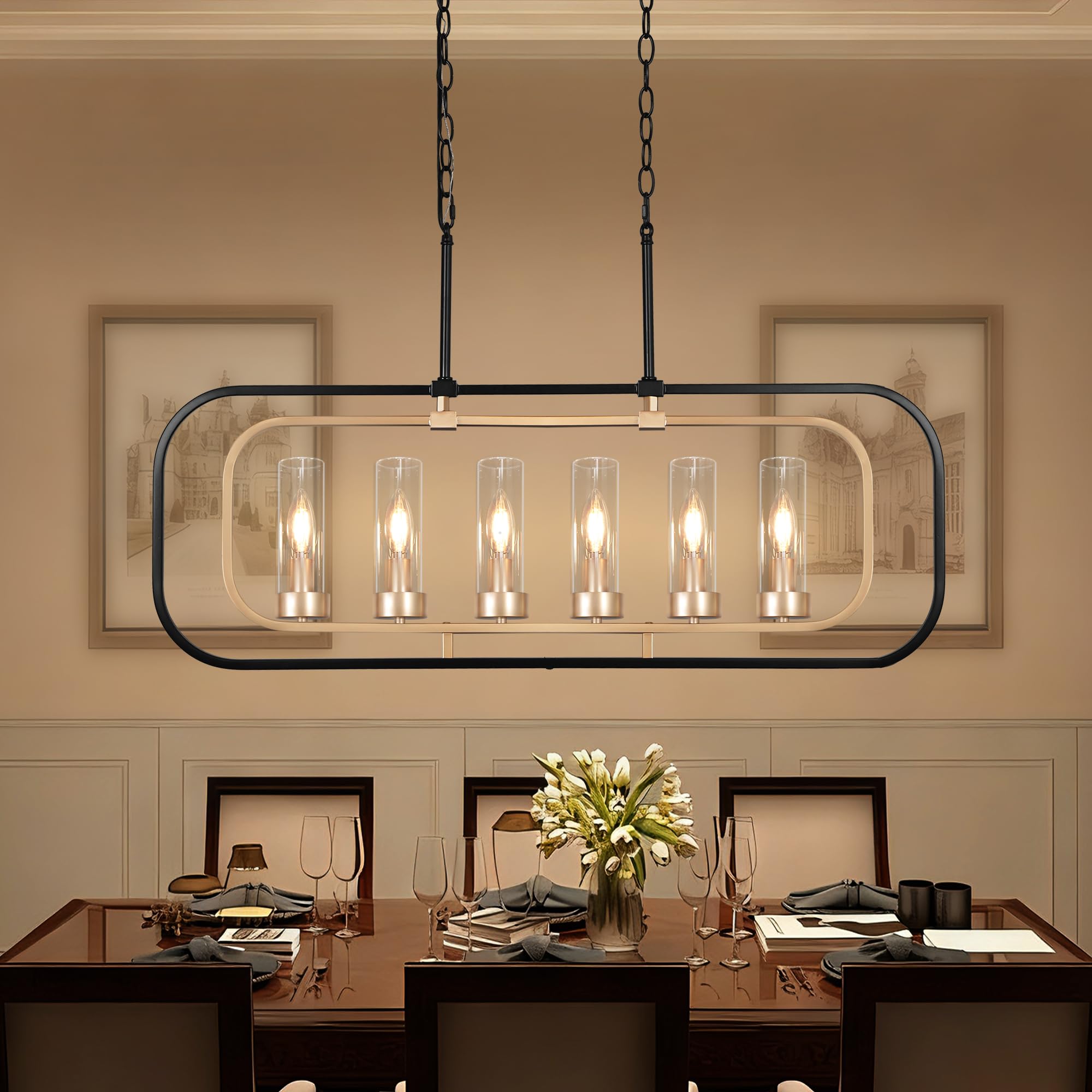 Photo 1 of 36" Linear Chandeliers for Dining Room, Black and Gold Glass Chandelier