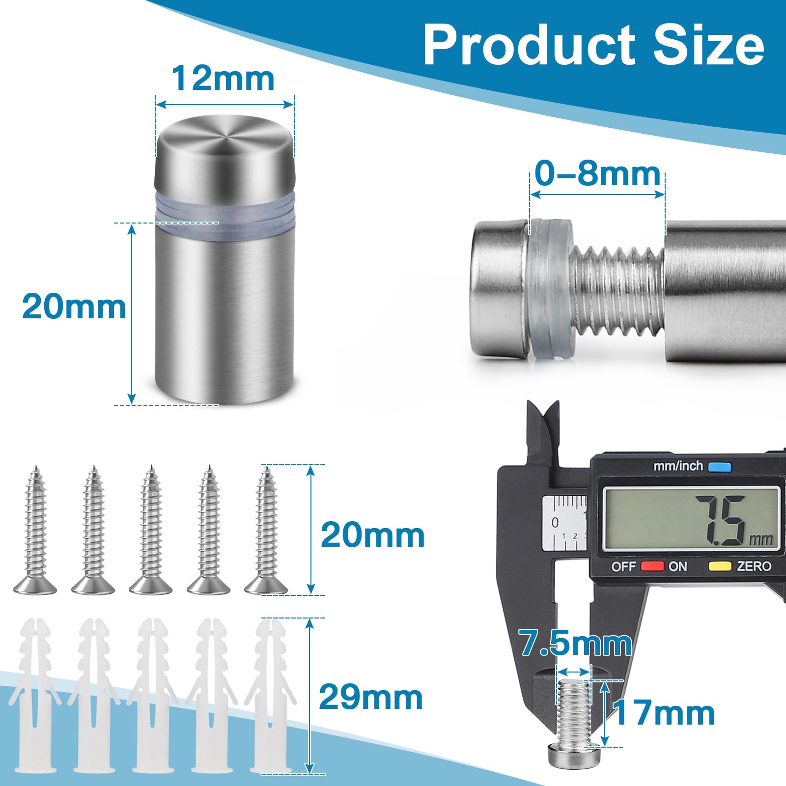 EFUTURETIME 40 x Tornillos Espaciadores de Acero Inoxidable, Clavo Publicitario 12 x 20mm, Separador Tornillos de Vidrio Publicidad, Glass Standoff Screws para Montaje de Publicidad, Carteles