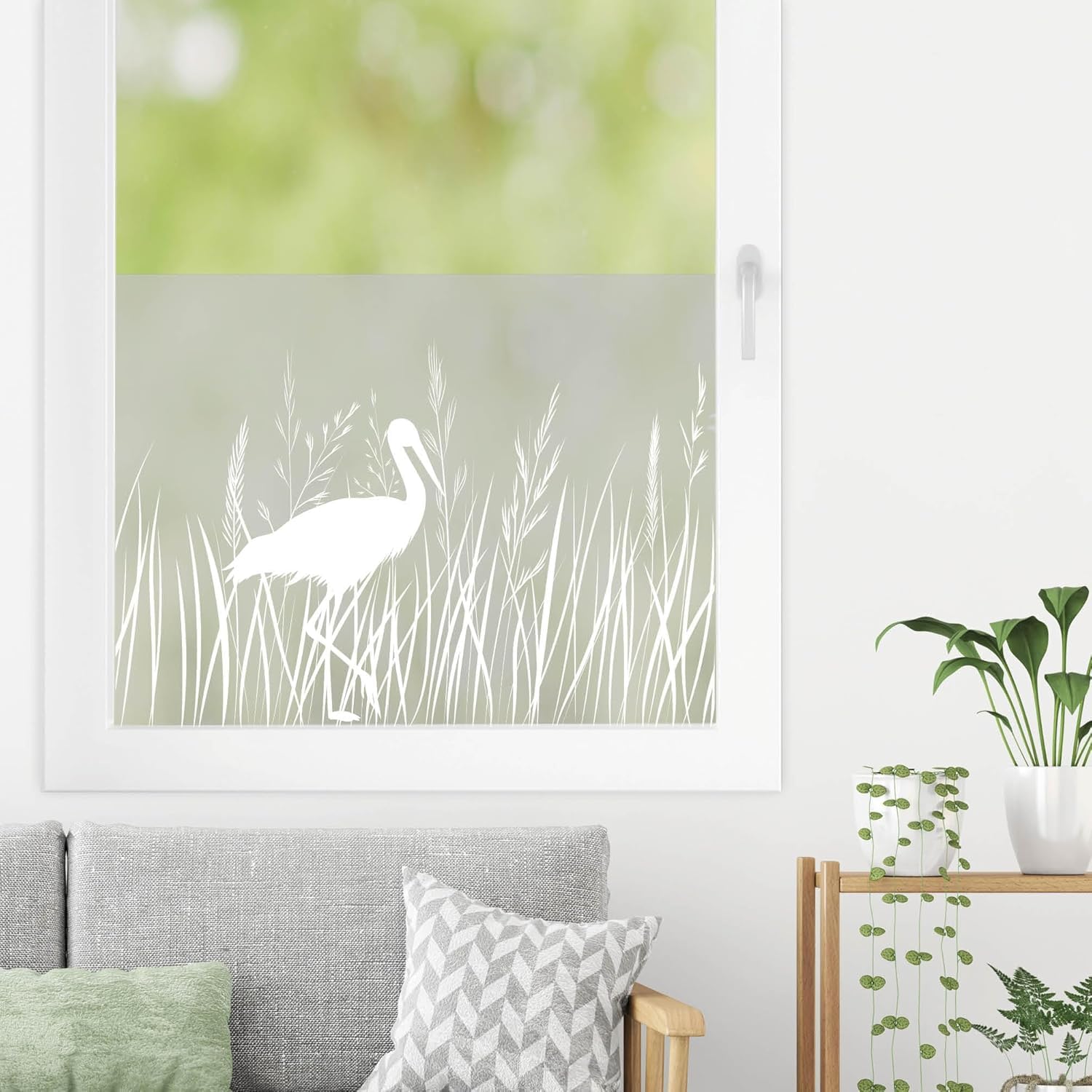 Sichtschutzfolie Storch und Gräser Wildblumen Florale Fensterfolie Fensterdeko Milchglasfolie Folie Fenster, 55 cm hoch, 200 cm breit