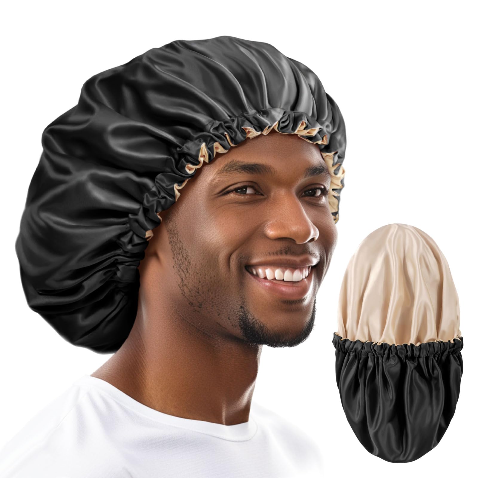 Satin Men Bonnet for Long Hair: Extra Deep & Large with Adjustable Strap, Bonnet for Curly, Coily, Locs Protective Styles