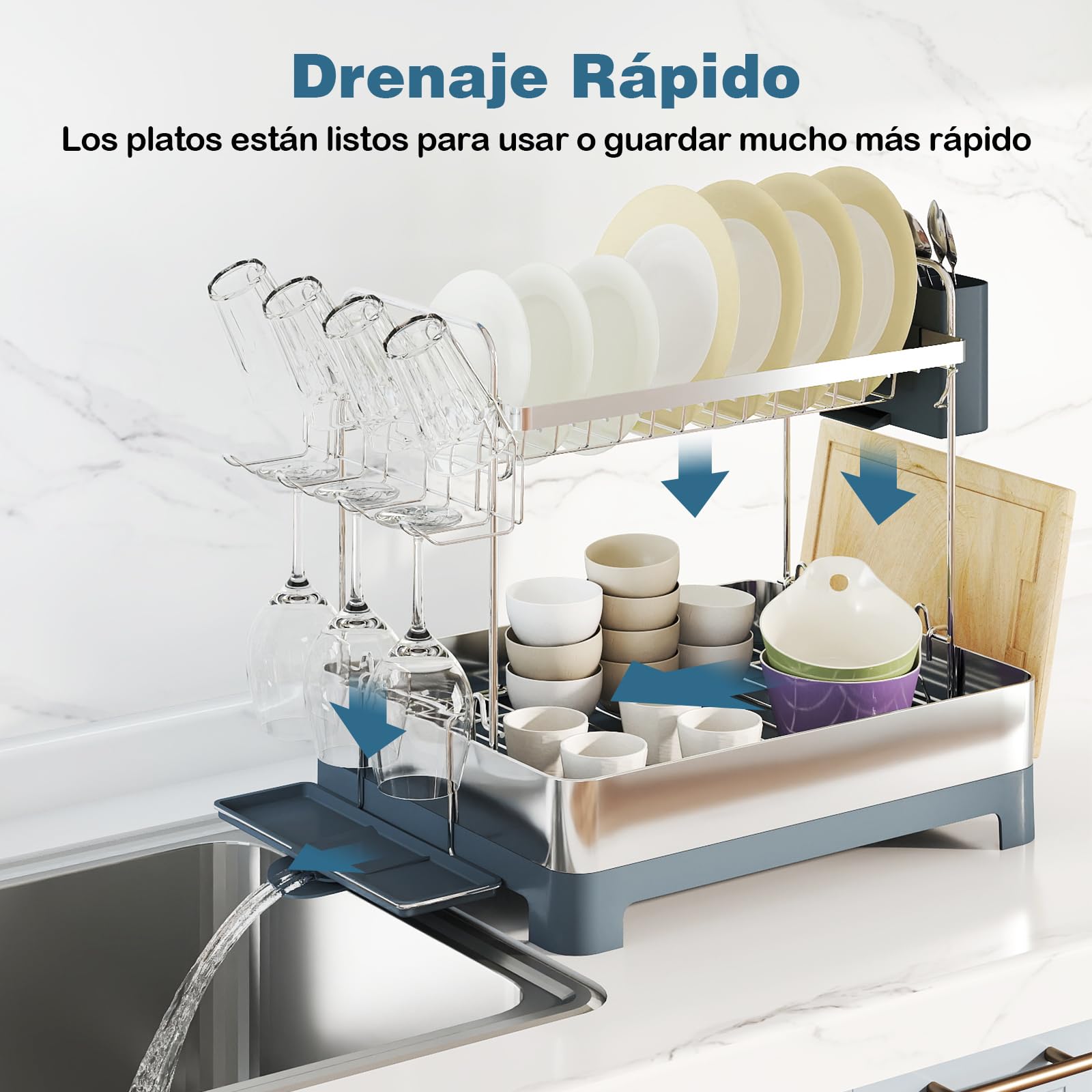 COSTWAY Escurreplatos de Acero Inoxidable de 2 Niveles, Escurreplatos sobre Fregadero con Soporte para Utensilios y Tabla de Cortar, Estante de Secado de Platos con Drenaje Giratoria Extensible