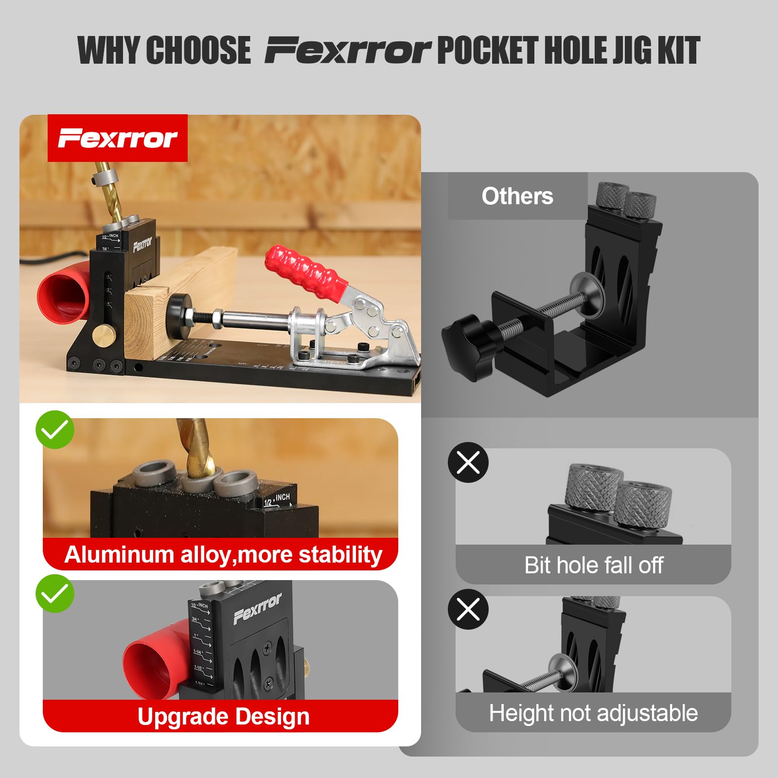 Pocket Hole Jig Set, Aluminium Taschenloch Bohrschablone mit Dreitaschenloch, Staubanschluss, Schrägloch Bohrhilfe für Holzbearbeitung, Heimwerken, Handwerk