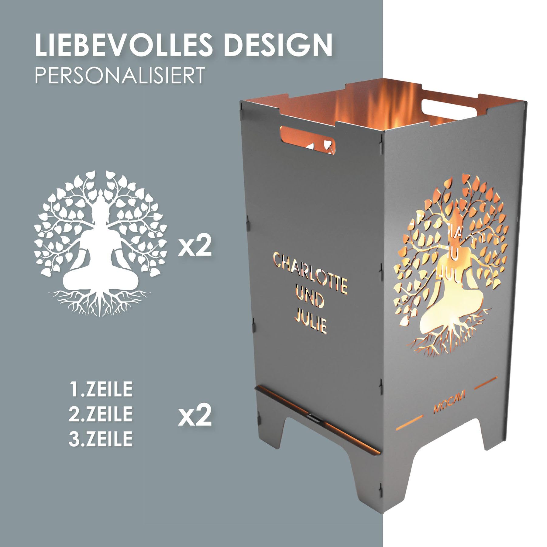 MOCAVI Feuertonne Lebensbaum 73 cm | 3 mm Stahl personalisiert Feuerkorb Feuerschale sicher massiv robust Design-Feuerfass für Garten und Terrasse groß eckig Feuerstelle Outdoor hitzefest außen