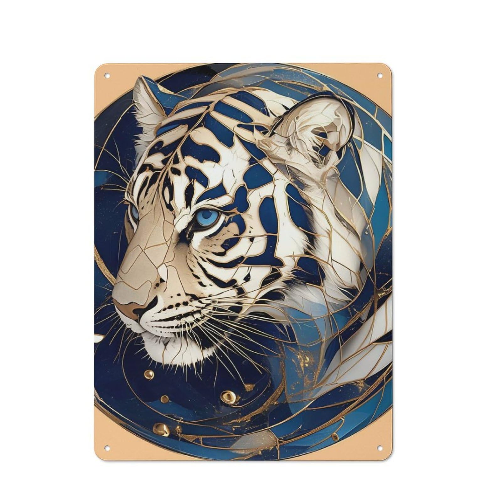 Junmoney Style-14 Abstract White Tiger With Blue And Gold Accents Retro Metal Wall Sign 40X30cm For Kitchen Or Home Bar, For Kitchen Decor Lovers Refreshing A Room In Autumn