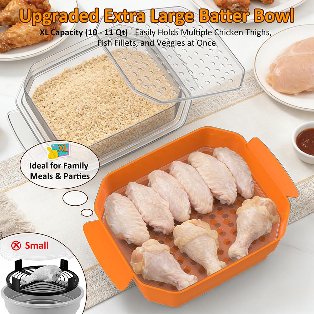 SURETIVIAN Better Bol à pâte extra large avec deux tamis et plateau à poudre, shaker visible sans désordre pour poisson frit, poulet, viande, légumes, idéal pour les fêtes de famille (orange)