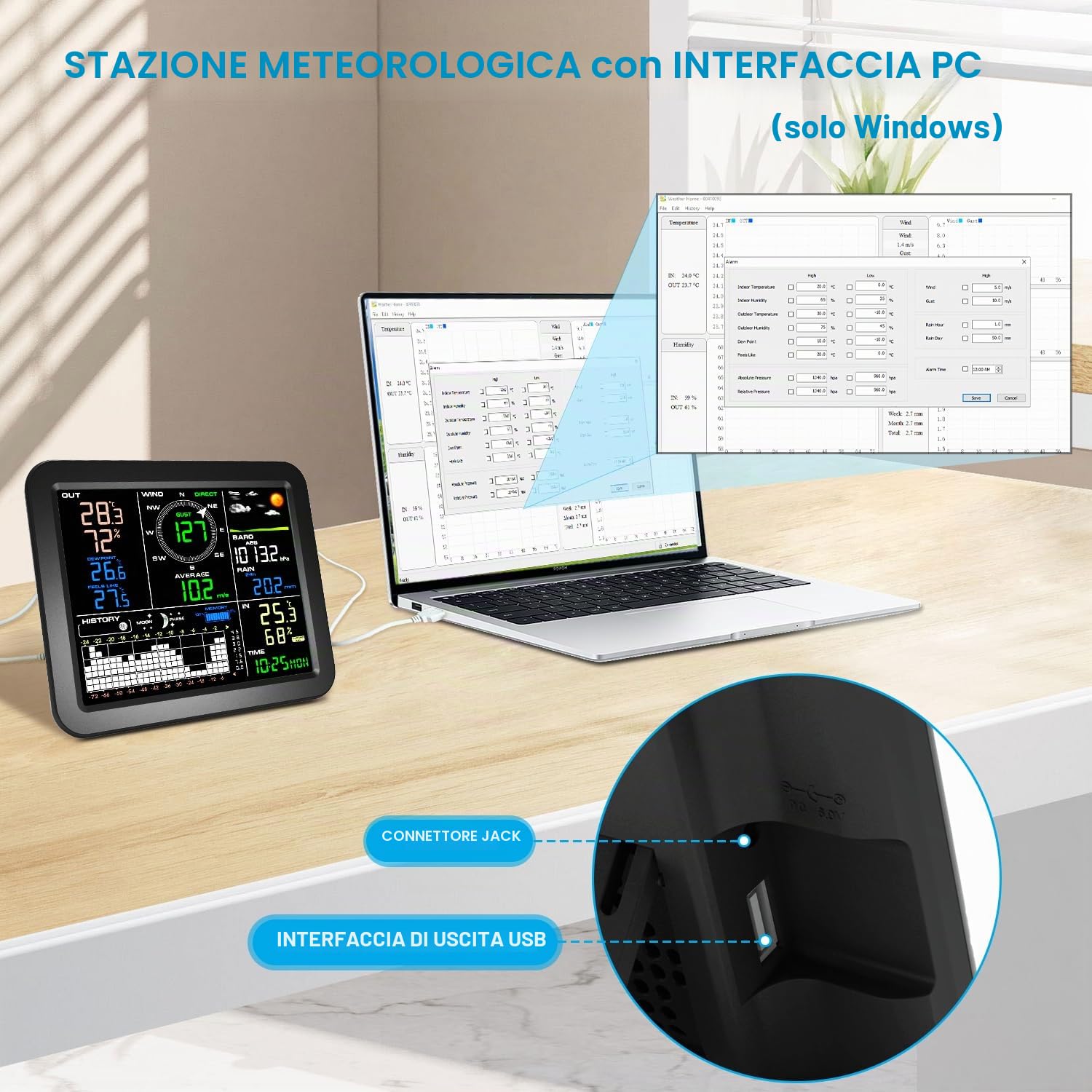 Urageuxy Stazione Meteo Professionale Dotata di Applicazione Software per PC, Include Pluviometro, Anemometro, Girello, Barometro, Previsioni Meteo e Allerte (Solo Windows)
