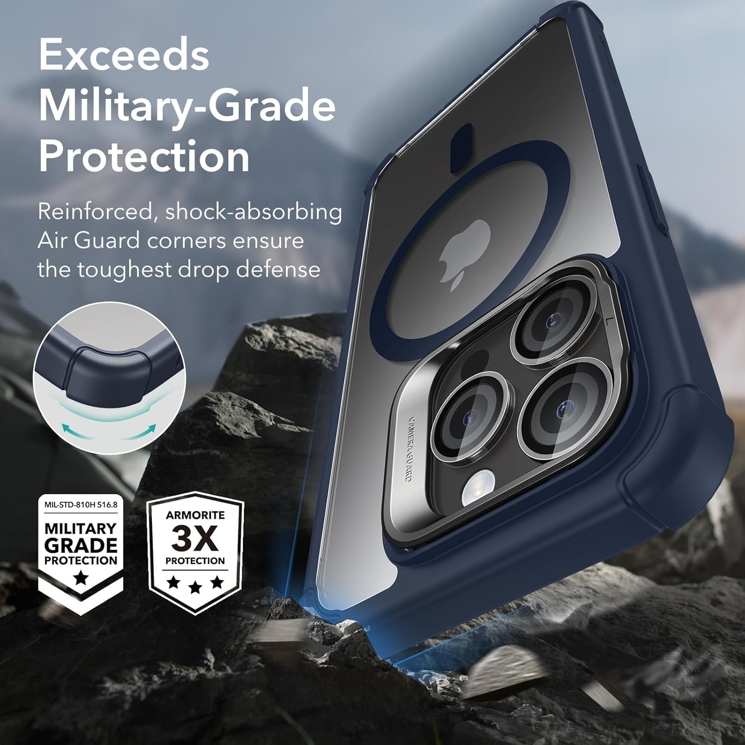 ESR for iPhone 15 Pro Max Case with Stand, Compatible with MagSafe, Full-Body Military-Grade Drop Proof Case with Built-in 9H+ Tempered Glass Screen Protector, Armor Series, Clear Dark Blue