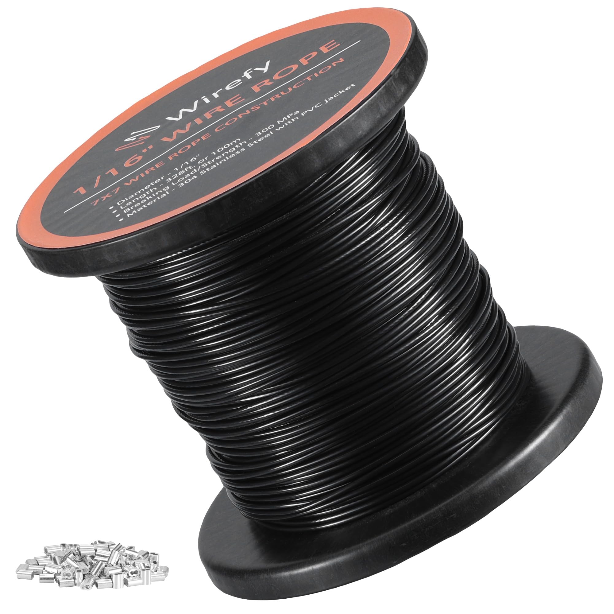 Wirefy Wire Rope - PVC-Coated 1/16" 304 Stainless Steel Cable - High Strength 300 MPa Breaking Load - 100 Crimping Sleeves - Fencing Decoration Clothesline - 328ft (100m) - Black