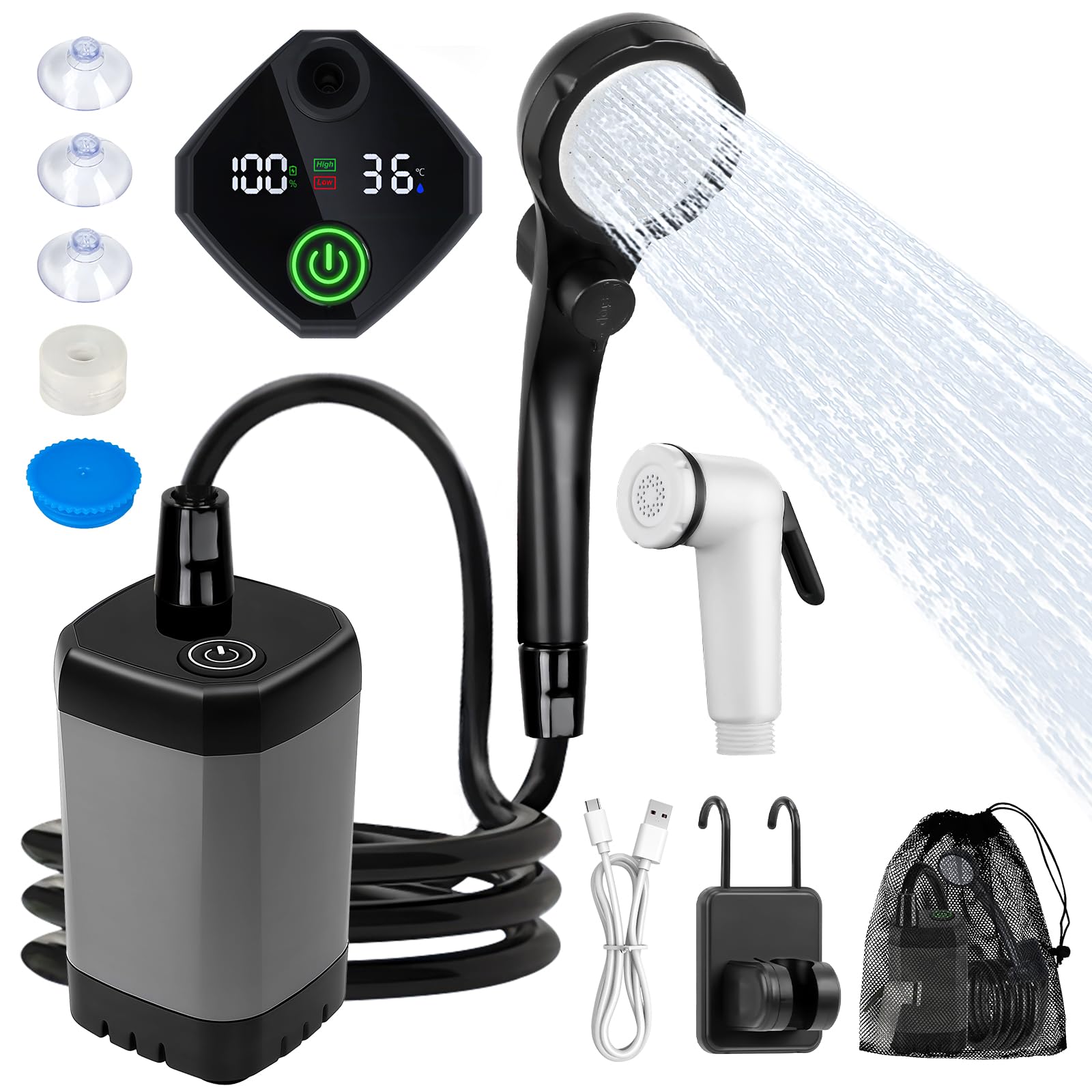 Fohil Douche portable pour camping, 6000 mAh, rechargeable avec affichage numérique, pompe de camping étanche IPX7 pour camping, plage, randonnée, voyage, nettoyage des animaux domestiques