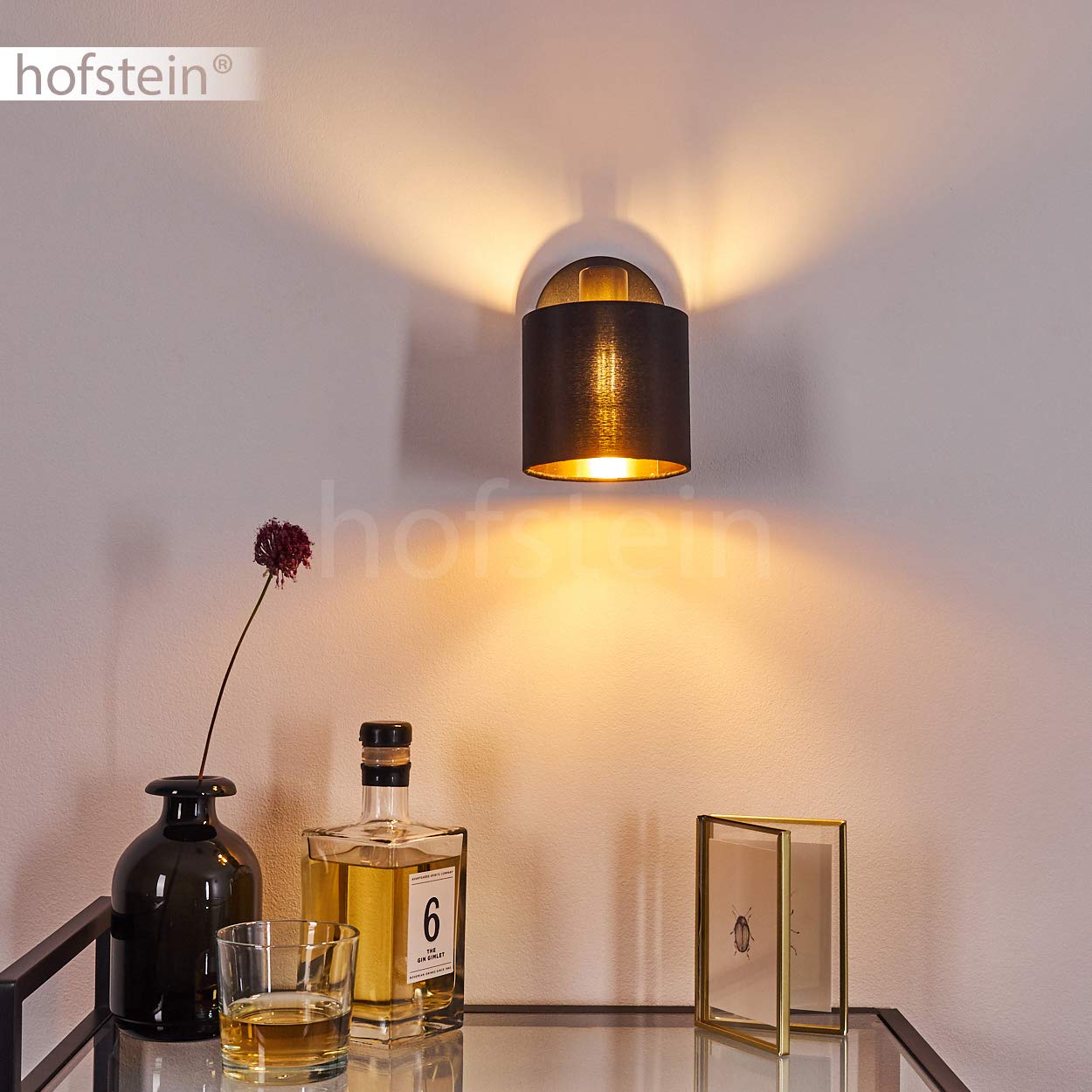 Wandleuchte Alsen, Wandlampe aus Metall/Stoff in Schwarz/Gold, 1-flammig, 1 x E14-Fassung, verstellbarer Wandspot mit Stoff-Schirm im Retro/Vintage-Desgin, ohne Leuchtmittel