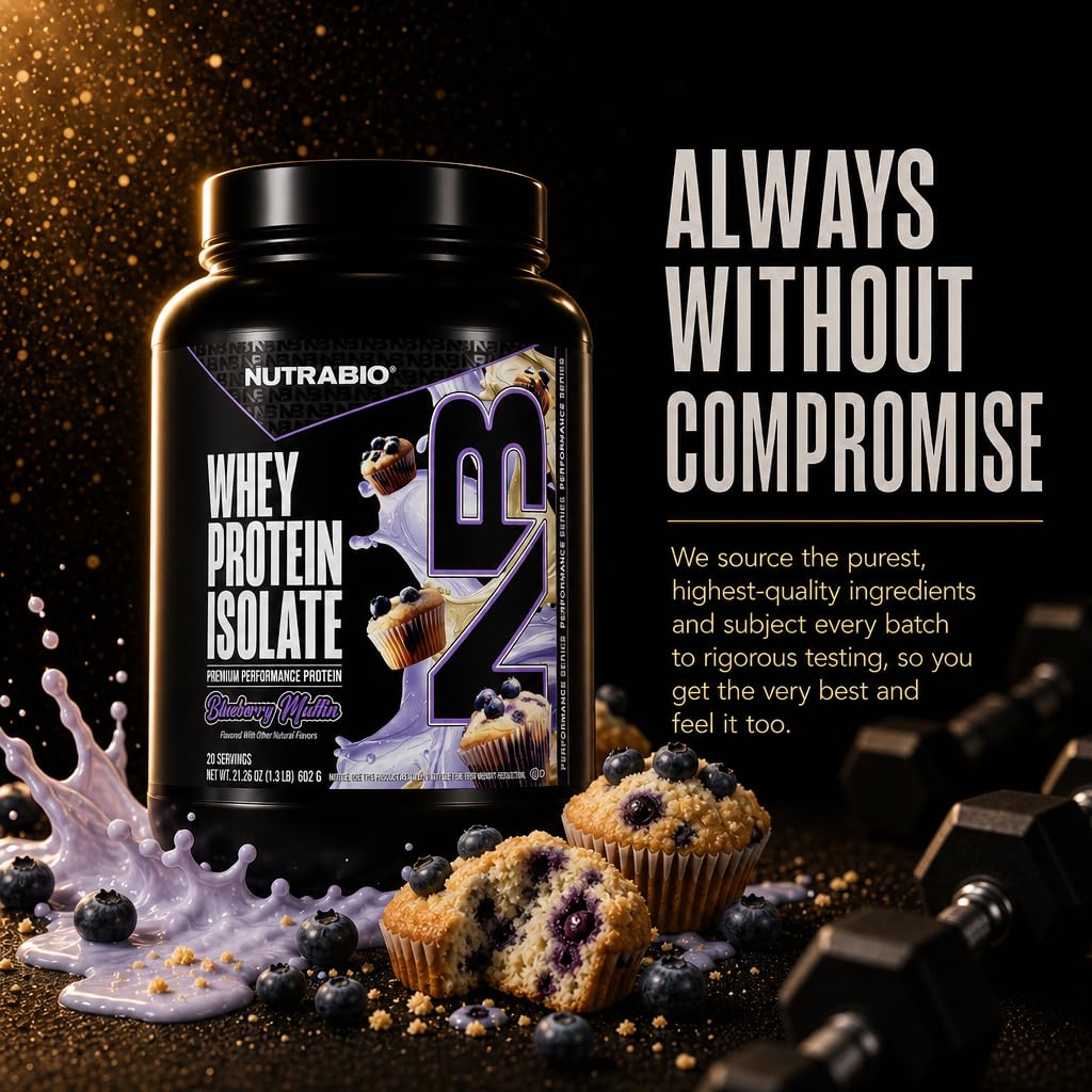 NutraBio 100% Whey Protein Isolate Protein Powder, 25g Protein with Complete Amino Acid Profile, Non-GMO, Soy & Gluten Free, Low Carb, Low Calorie Whey Protein Powder, Blueberry Muffin, 20 Servings — Amazon image 6