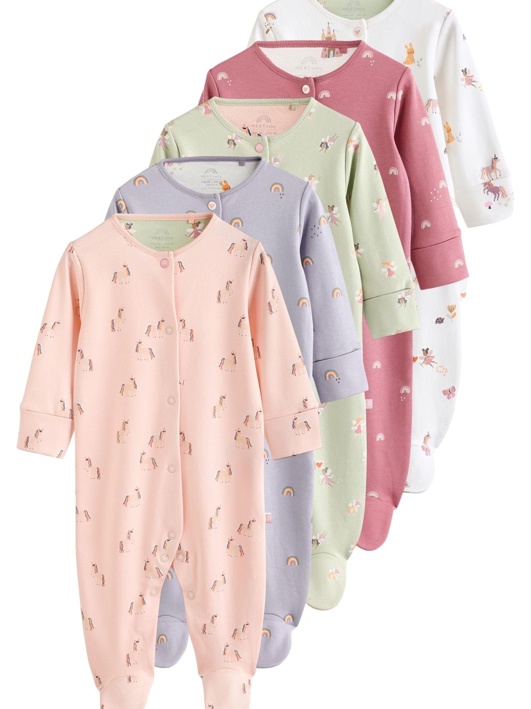 NEXT Bambina Confezione da 5 Tutine per Neonati in 100% Cotone con Piedini