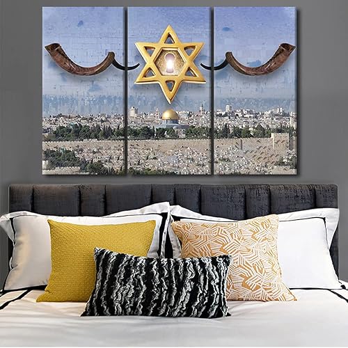 Miniatura 3 de Pinturas de la estrella de David, imágenes del Monte de los Olivos, arte de la ciudad vieja de Jerusalén para paredes de habitación, 3 paneles de