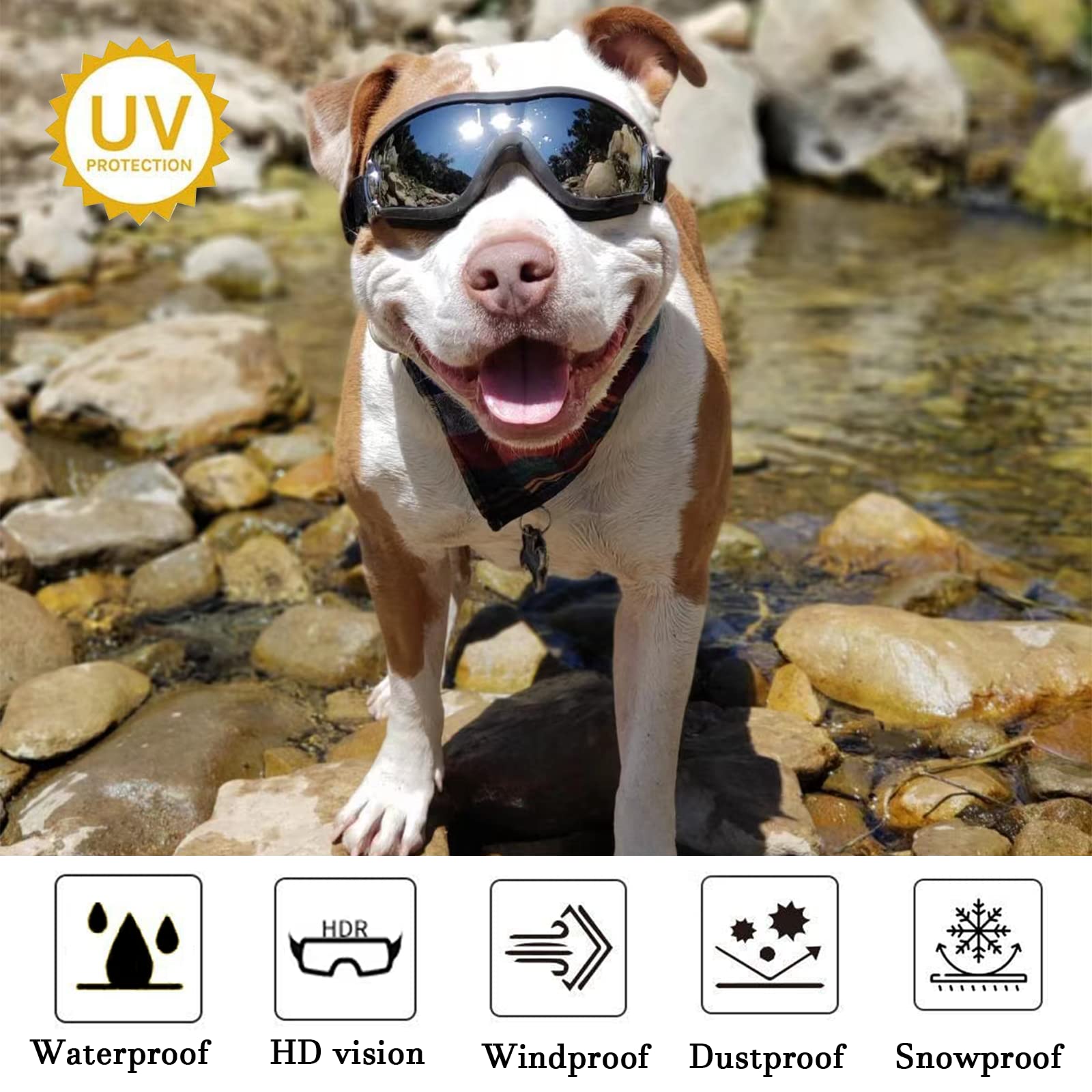 Occhiali per cani, occhiali da sole per cani con cinturino elastico, occhiali UV per animali domestici, proteggono gli occhi del cane da raggi UV, vento, polvere nebbia, razza media/grande