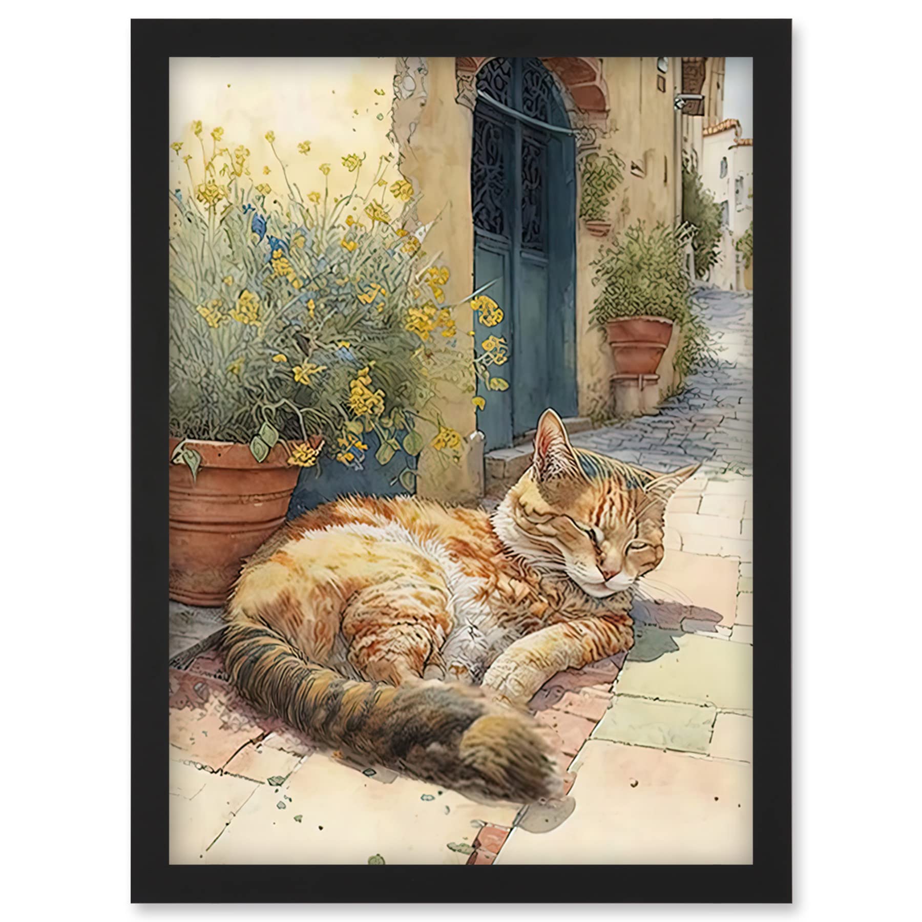 Artery8 Cat Sunbathing in Mediterranean Village Street Watercolour Illustration Artwork Framed Wall Art Print A4