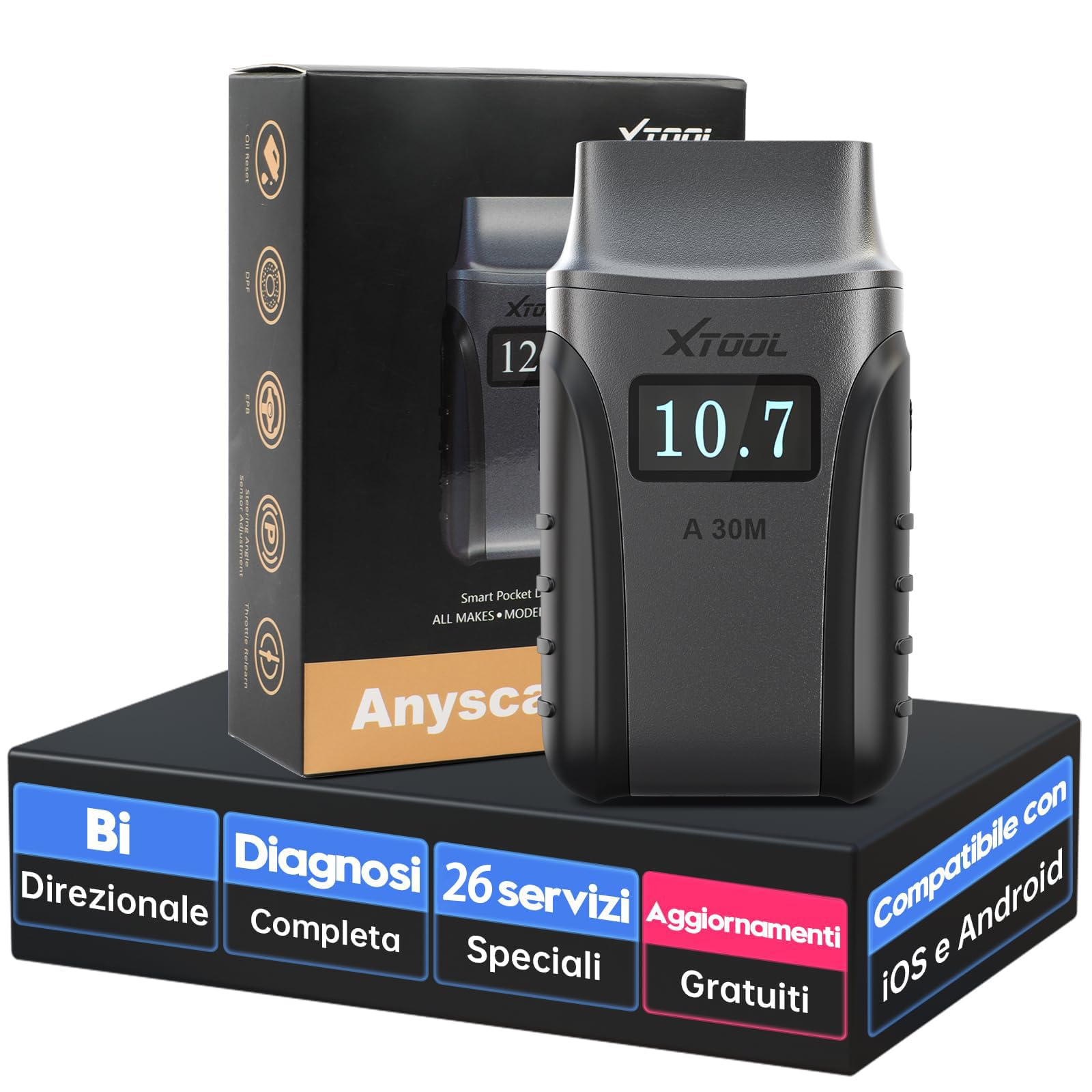 XTOOL A30M OBD2 Auto Diagnostica, Diagnosi Auto Wireless BT con 26+ Reset, Contrôle Bidirectionnel/Test Attivi e Lettura Codici Errore per Tutti i Sistemi, FCA & CANFD, Compatibile con Android e IOS