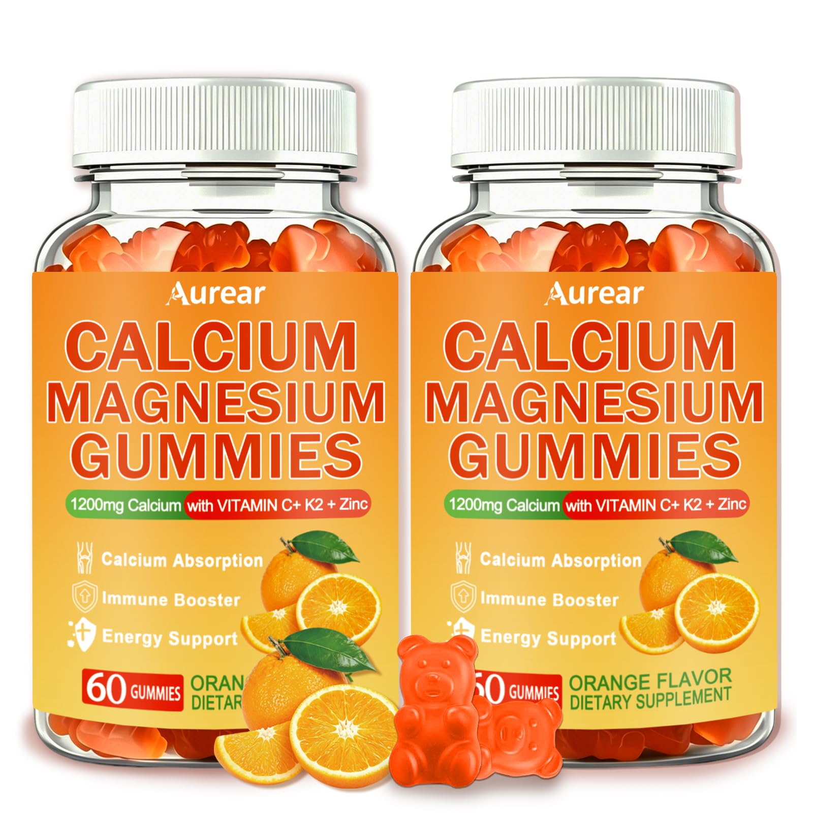 2Pack Calcium Magnesium Zinc Supplement Gummies with Vitamin D3 K2, Calcium Gummies 1200mg for Women & Men, Muscle Immune Support, Vegan, Sugar Free, Orange Flavor, 120 Count 60 Count (Pack of 2)
