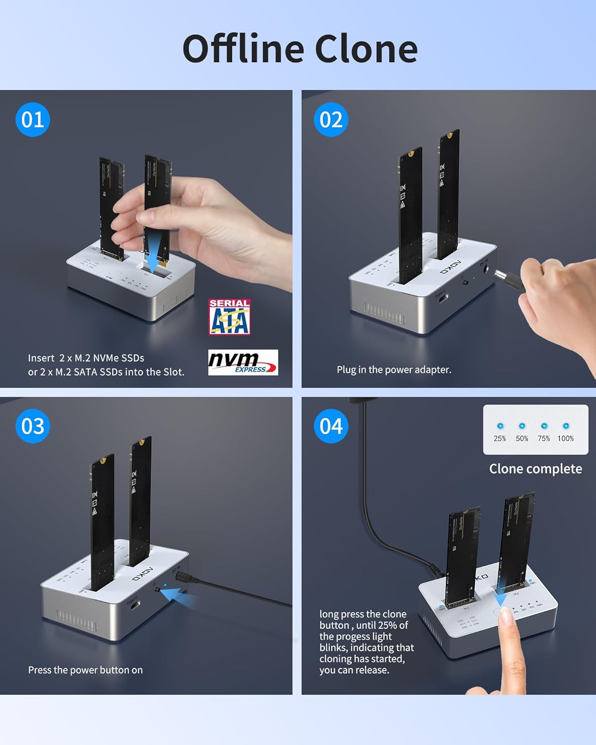 AOKO M.2 NVMe & SATA SSD Cloner,M.2 Duplicator 2-Bay NVMe Reader/Enclosure,SSD to USB Adapter M.2 Docking Station for M KeyPCIE NVMe SSD and B&M Key SATA SSD（NGFF）,Offline Cloning, Tool-Free