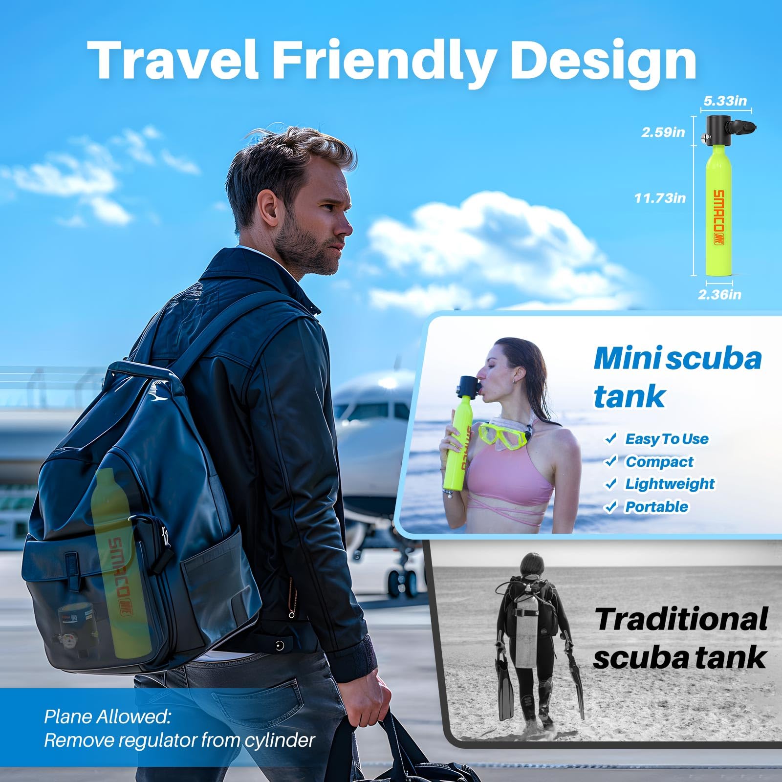 SMACO S300 Mini Tauchflasche 0,5L Sauerstoffflasche Tauchen Klein Taucherflasche für Unterwasseratmung Tragbare Tauchen Sauerstofftank Lung Air Tank für Notfallrettung Bootsreinigung