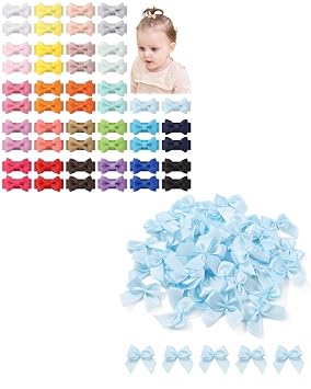 50pcs 1.2" Tiny Baby Girls Snap Hair Clips+50 PCS 1" Blue Mini Satin Ribbon Bows