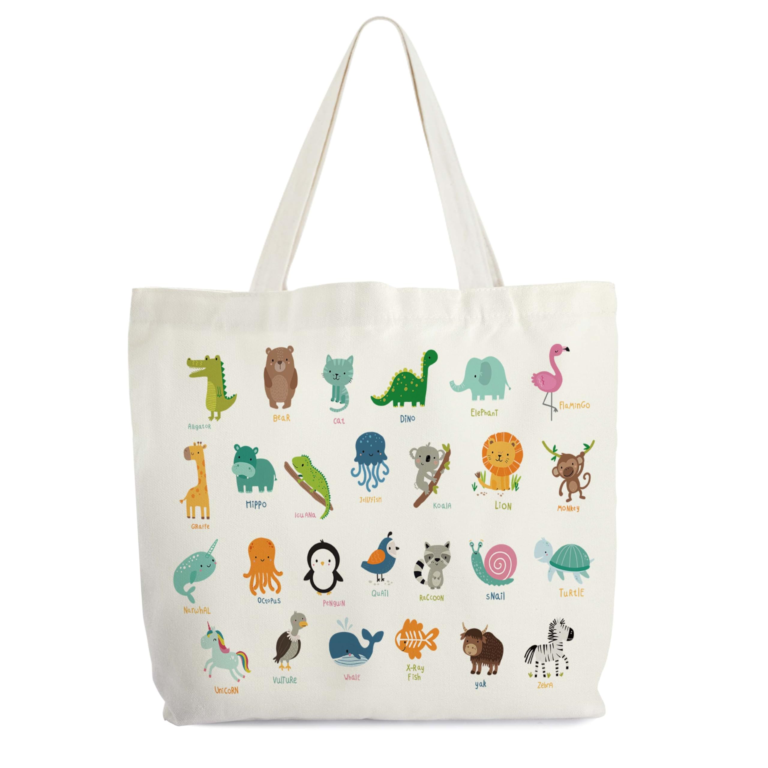 Animals Alphabets Canvas Tote Bag for Women, ABC Letters Learning Tote, Cute Animal Gift Bag, Library Book Bag, Teacher Tote Bags for Books, Shoulder Bag Gifts for Animal Lovers -11