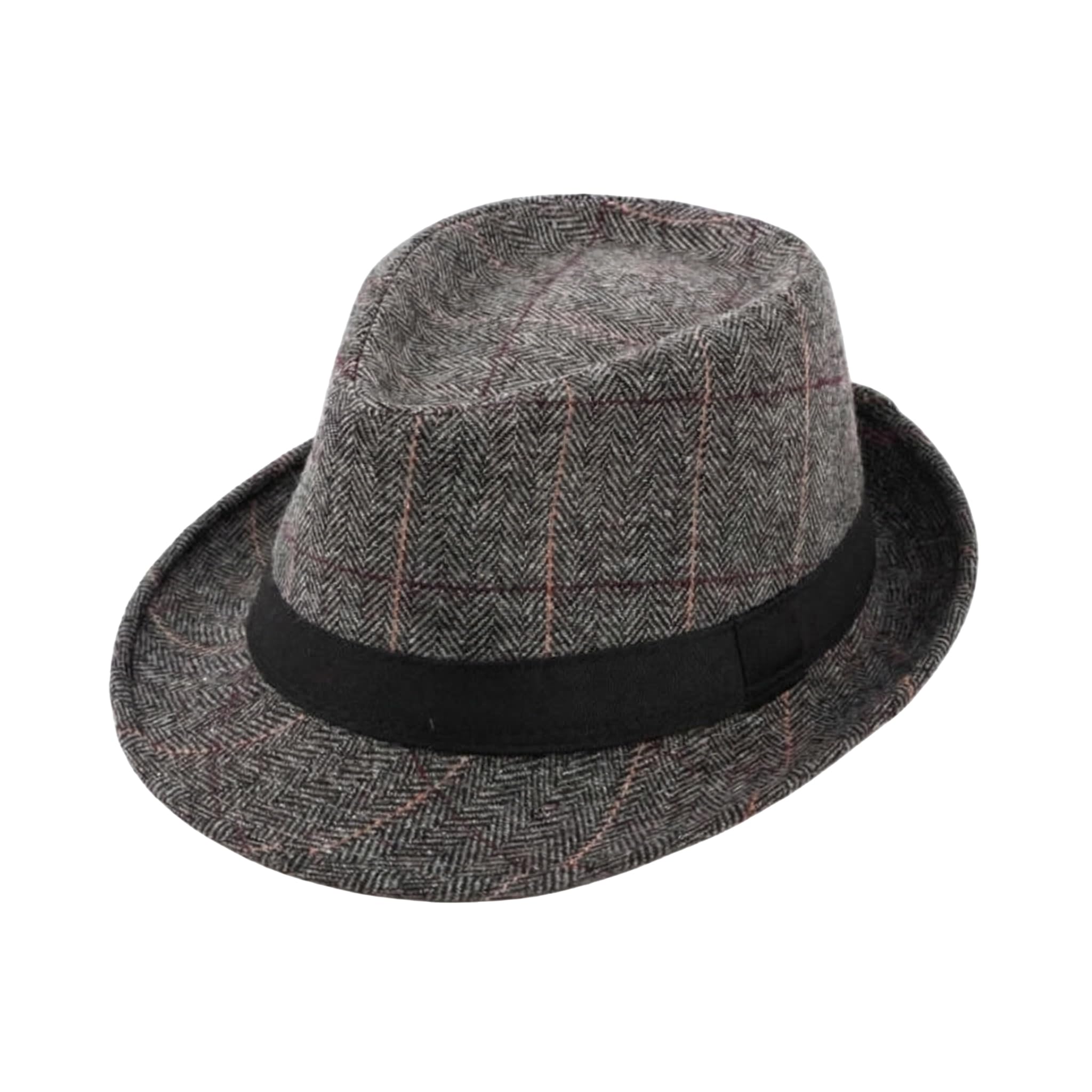 Bamboopack Mens Classic Plaid Short Brim Trilby Manhattan Gangster Fedora Hat Panama Jazz-Hat with Decorative Band, Grey, M (WTTK74240)