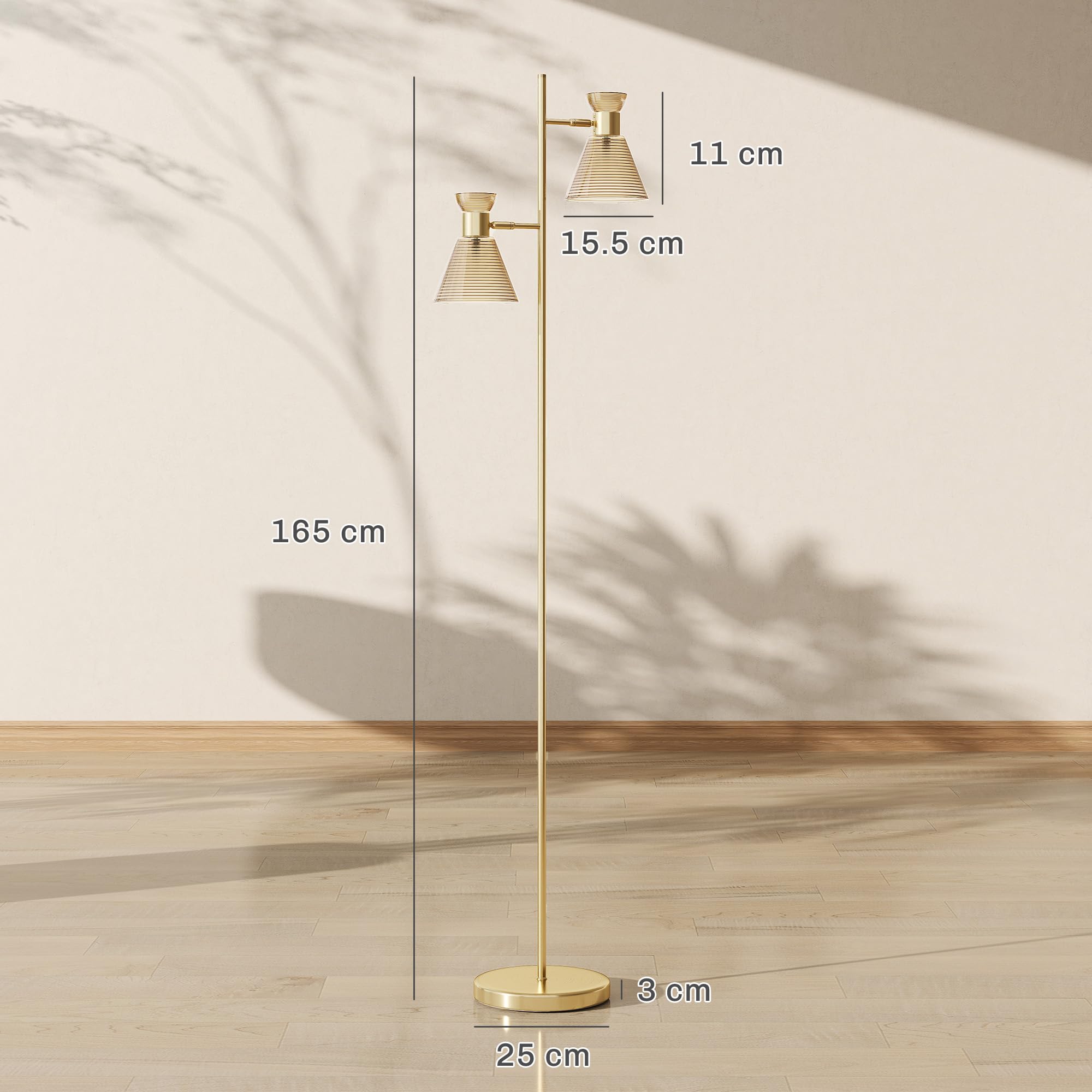 HOMCOM Lampada da Terra 2 Punti Luce Regolabili Basamento Color Oro | Paralumi in Vetro a Fiore, Attacco E27, Interruttore a Pedale