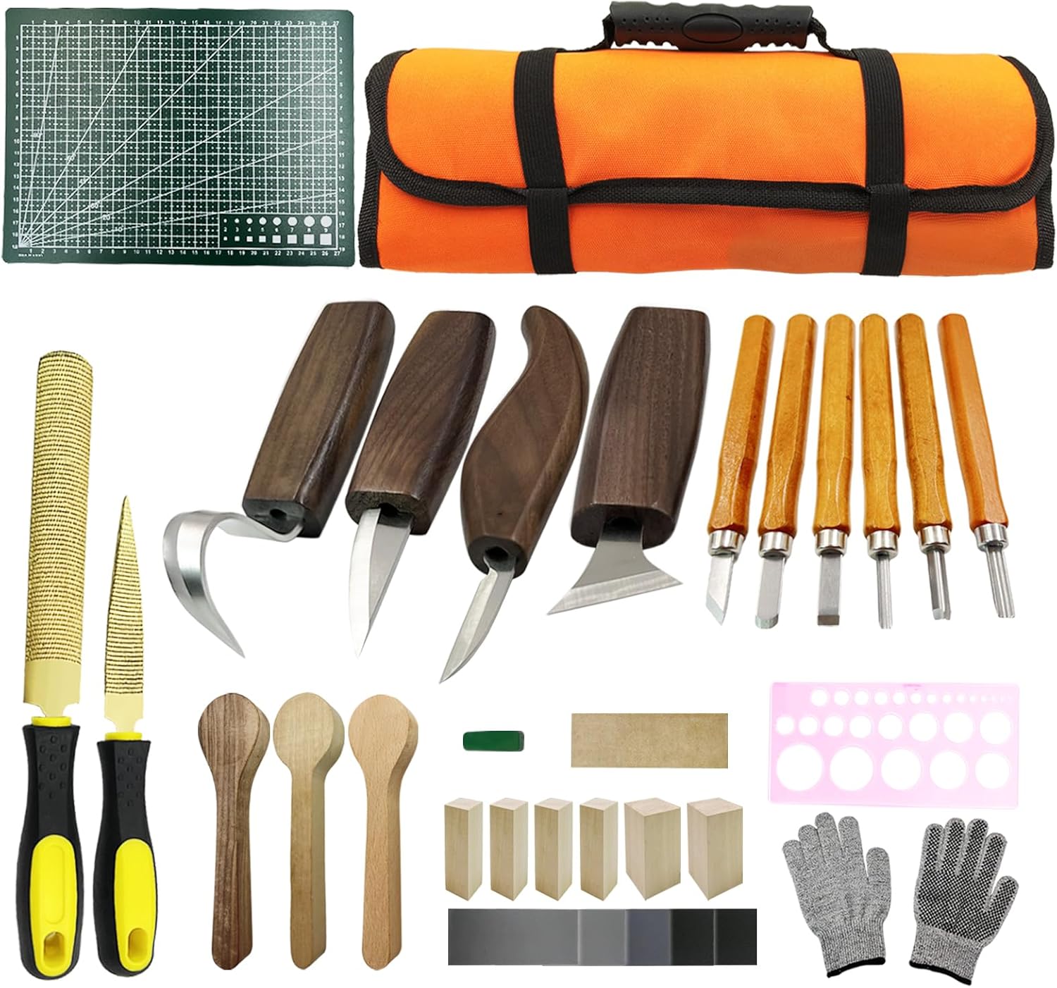 SNAIL GARDEN Wood Carving Kit for Beginners, 32PCS Whittling Tools Set with Metal Files & 3 Material Spoons, Premium Wood Carving Tools Set in Oxford Fabric Storage Bag with Basswood Blocks