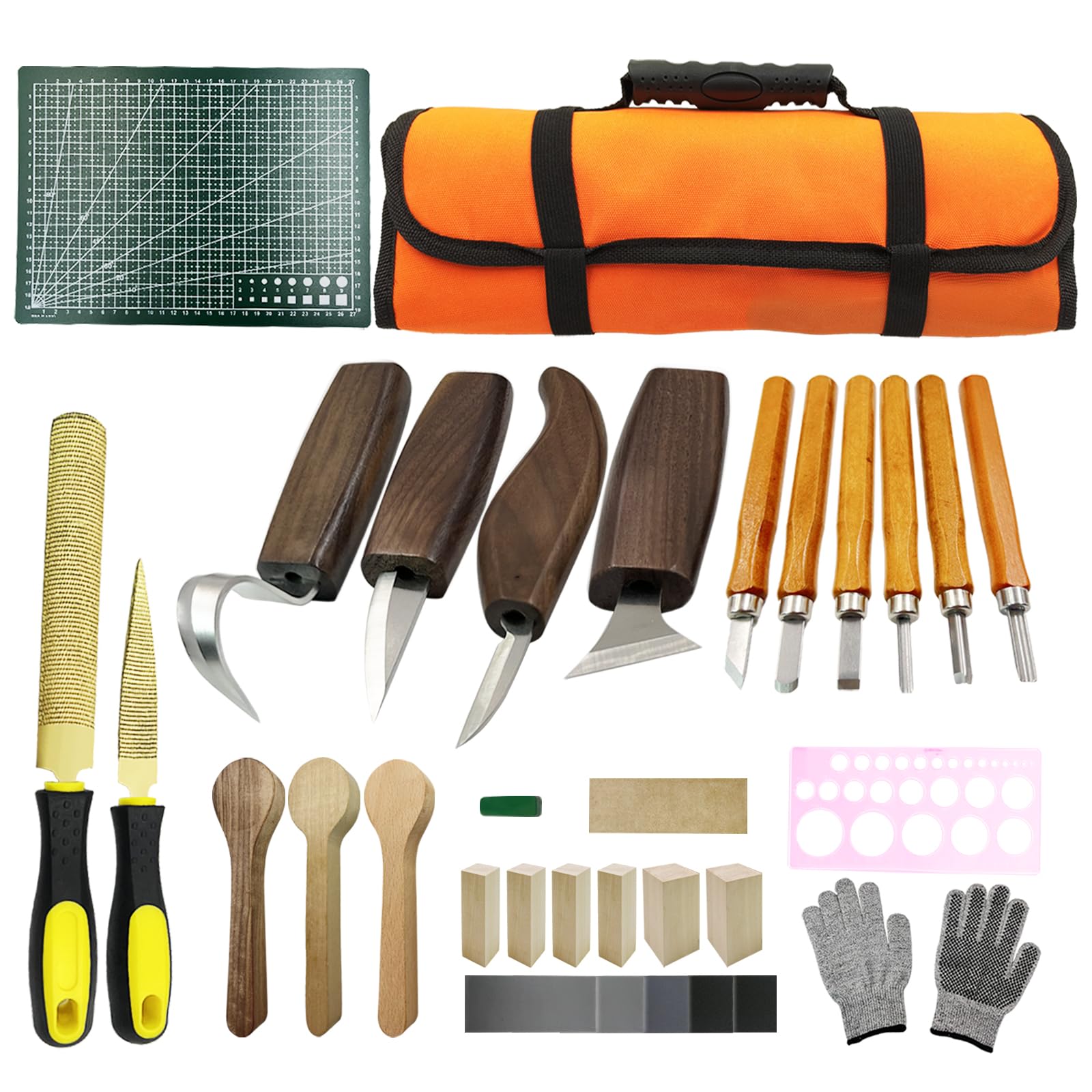 SNAIL GARDEN 32-teiliges Professionelles Schnitzmesser Set für Erwachsene mit 4 Grobmessern, 6 Feinsticheln, 2 Feilen, Mess-Skala, 3 Löffelrohlingen & Zubehör – Premium Holzschnitzwerkzeug Set