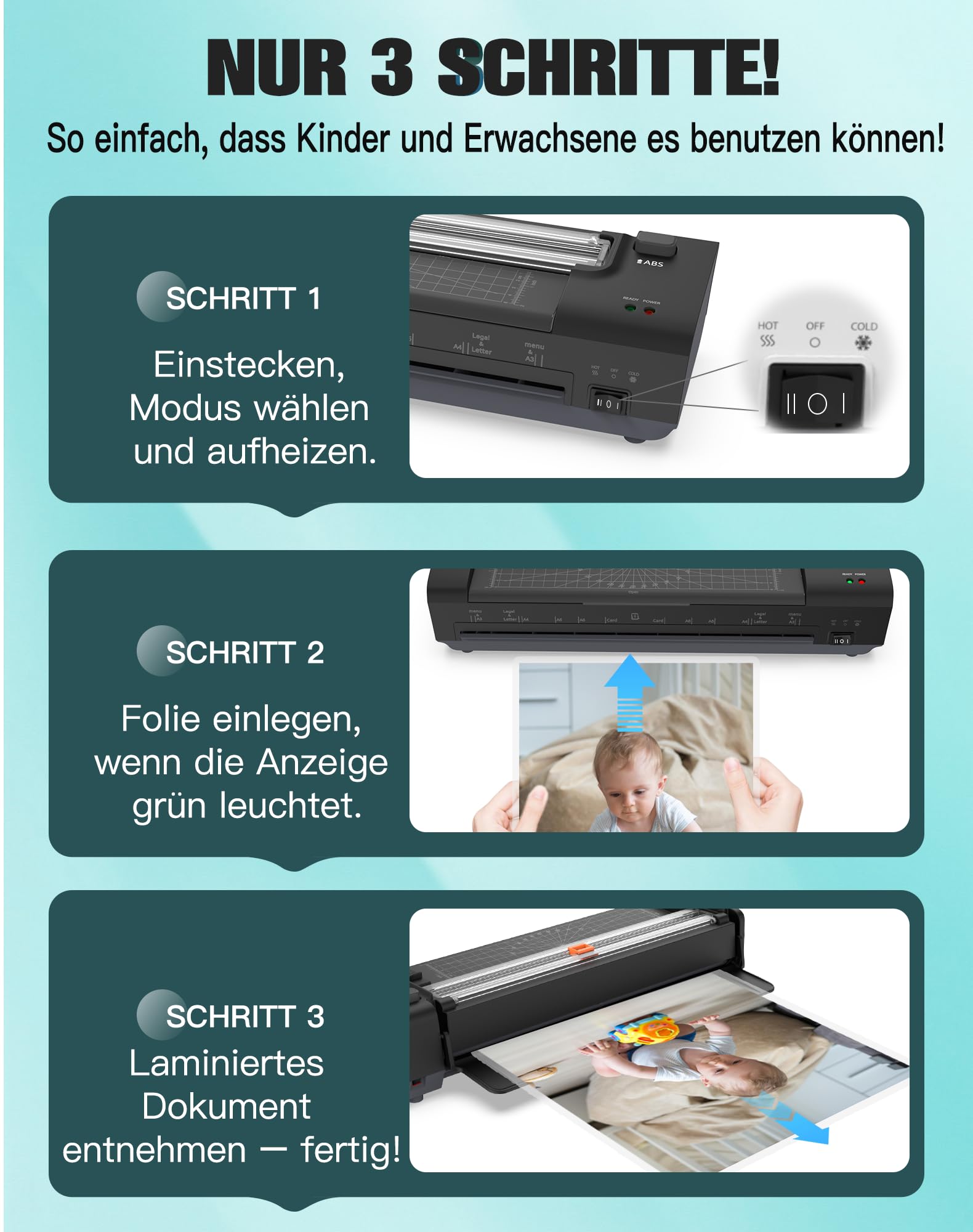 A3 Laminiergerät mit 20 Laminierfolien – Heiß und Kalt Foliergerät für A3 A4 A5 A6 mit Papierschneider und Eckenabrunder für Büro, Schule, Geschäft und Zuhause, Schwarz