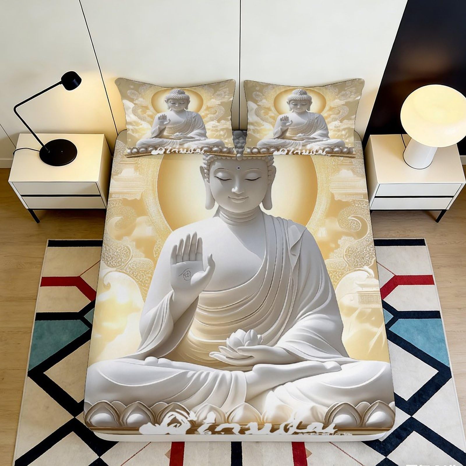 3D Printed Buddha Zen Fitted Sheet Microfiber Soft Beige Mandala Bed Cover for Bedroom Guestroom Mattress Protector 90x200x25cm