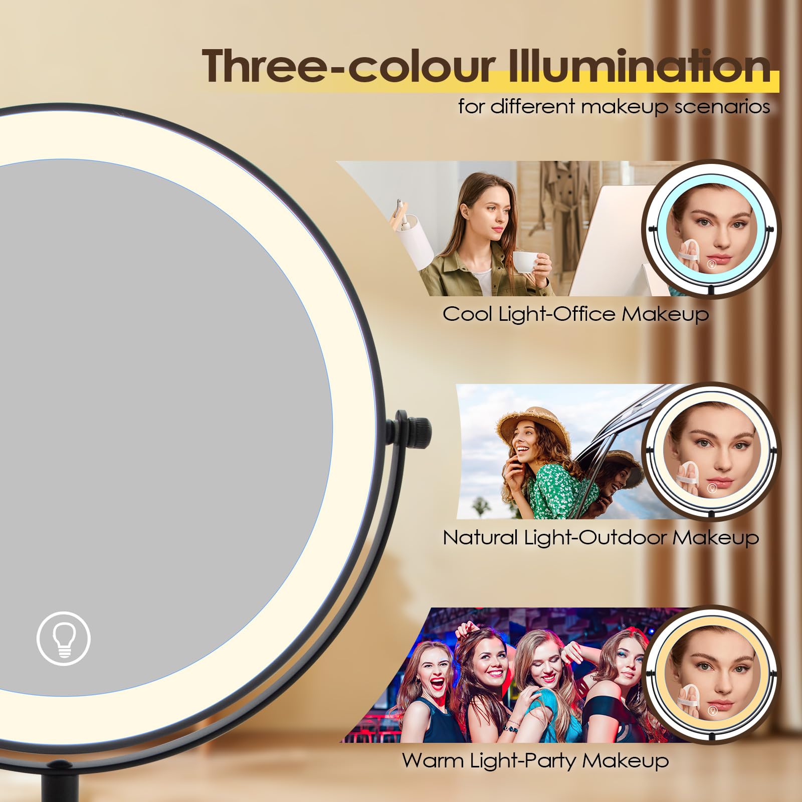Cuteefun Miroir Grossissant Lumineux, Miroir Grossissant X10 sur Pied, Hauteur et Luminosité Réglables, Rotation à 360°, 3 Couleurs de Lumière, Idéal pour Chambre à Coucher, Salle de Bain, Noir