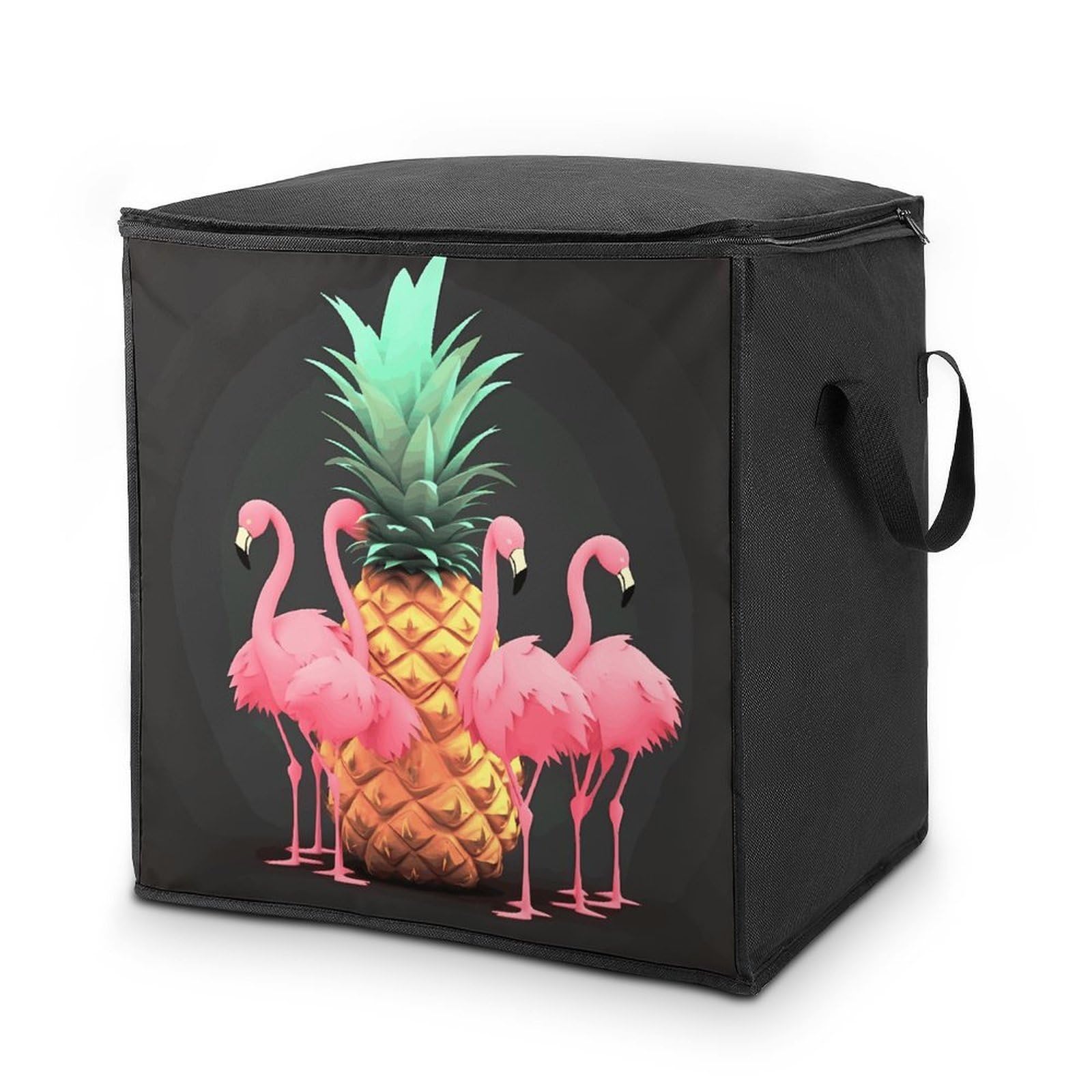 Pineapple Flamingos Storage Bag with Zippers And Handle Extra Large Bedding Comforter Storage Bag Foldable Blanket Storage Bags Fabric Moving Bags for Closet Organizer (70L)