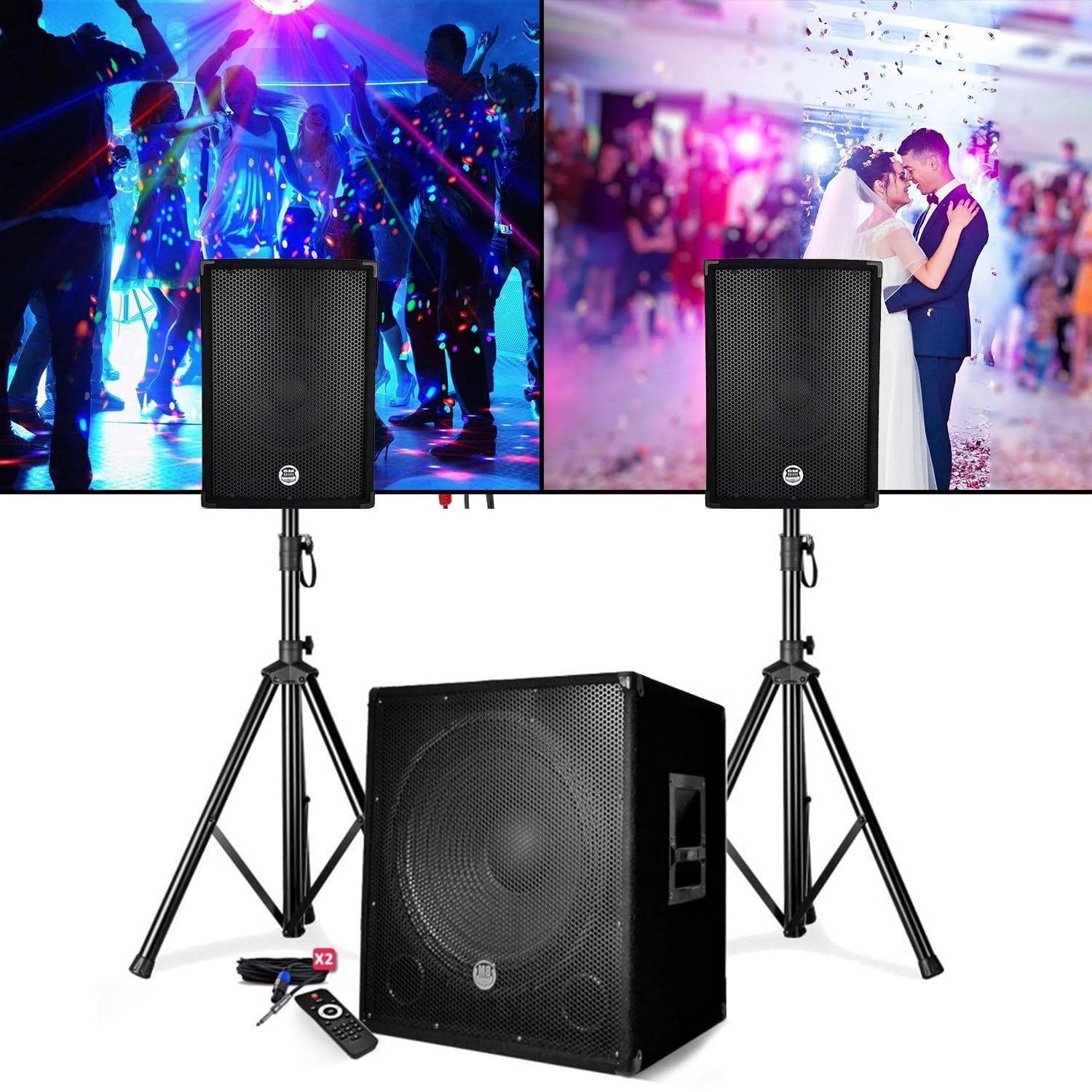 PACK SONO DJ ENCEINTE +CAISSON DE BASSES USB Bluetooth +PIEDS +CABLES HP/PC offerts, 4 PAR LED, TRÉPIED, TÉLÉCOMMANDE, PLUG&PLAY