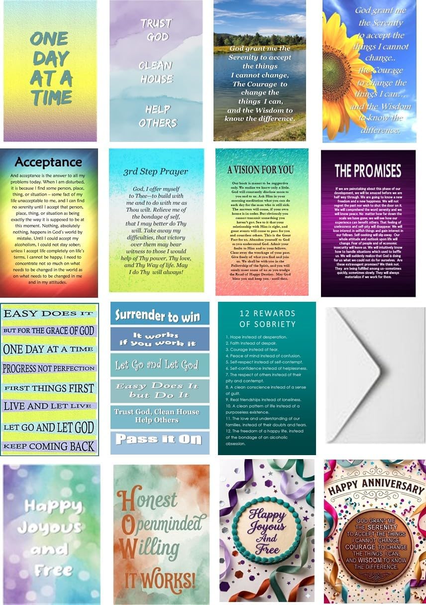 15-Pack Sobriety Greeting Cards 5x7: Addiction Recovery Gift Set for Soberversary & Milestones - 12-Step AA Prayers (Serenity Prayer, The Promises, H.A.L.T.) - Sobriety Anniversary Cards for Sponsors & Friends. Blank Inside for your personalization