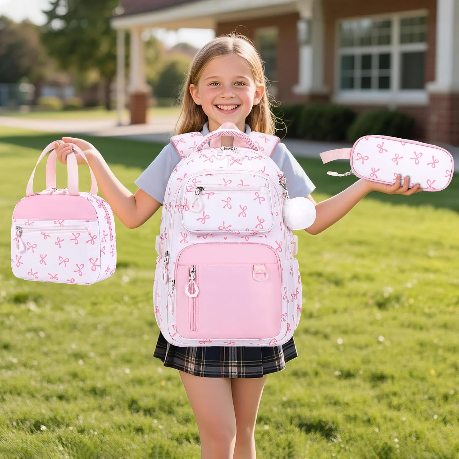 Bevalsa Backpack for Girls 3PCS Teen Girls Pink Bow Backpack for School with Lunch Bag Pencil Case Cute Kids Laptop Backpacks Bookbag for Elementary Middle High School College Student (Bow) thumbnail