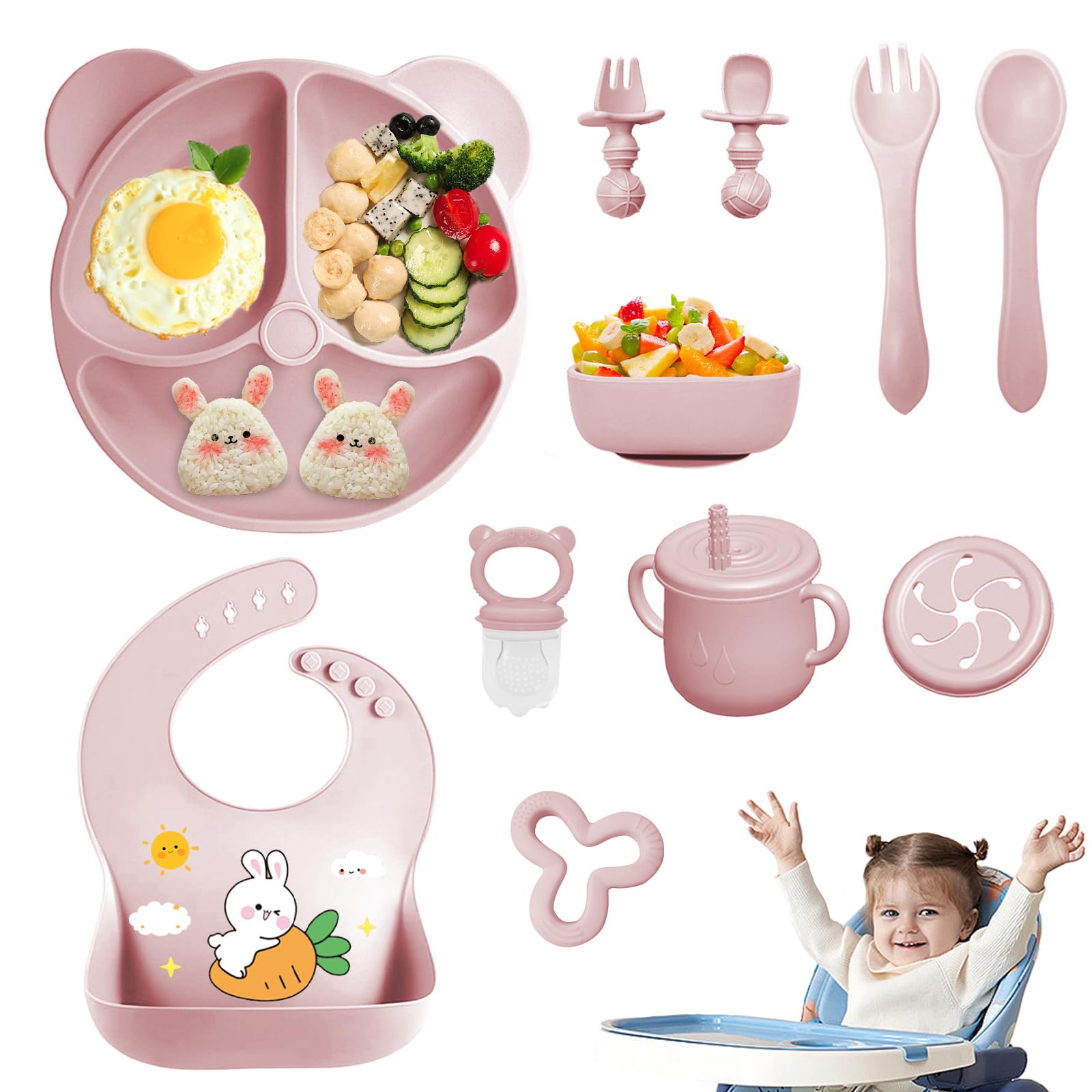 11 Pezzi Set Pappa Svezzamento, Svezzamento Set Silicone Piatto con Ventosa Piatto Ciotola Tazza Bavaglino Cucchiaio Forchetta, Set di Posate per Bambini per Lo Svezzamento e L'Alimentazione (Rosa1)
