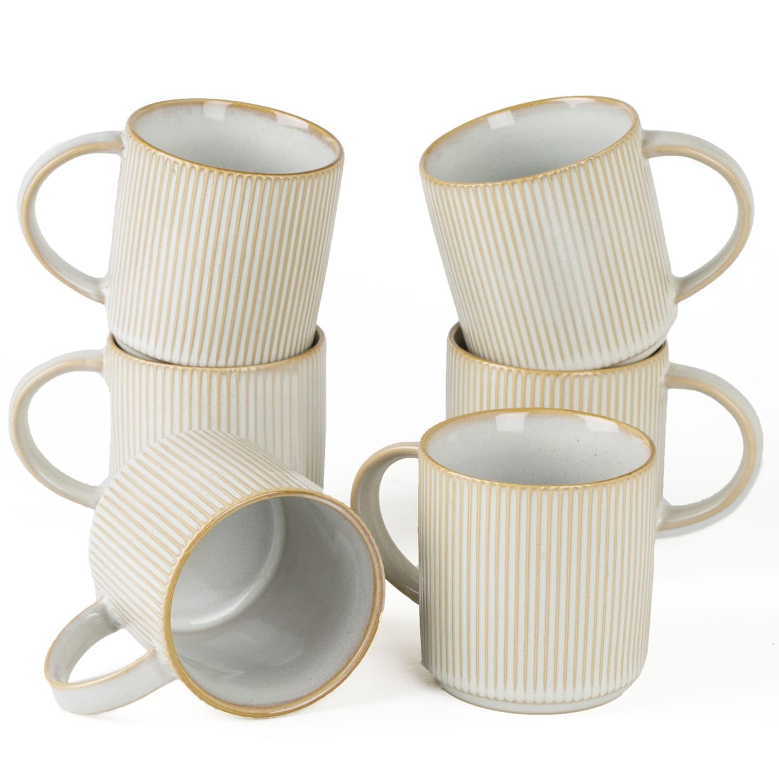 Richmount Star - Juego de 6 tazas de café, 355 ml, color blanco | Taza con asa para café, té, cacao, leche, juego de bebida, cerámica, apto para lavavajillas y microondas