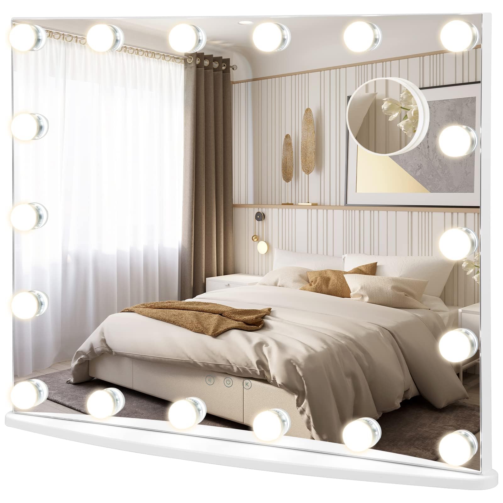 RELAX4LIFE Specchio Trucco con Luci 65 x 52,5 cm, Specchio Cosmetico da Parete/Tavolo con 18 Lampadine, 3 Colori di Luce, 4 Luminosità Regolabile, Touch Screen, per Camera da Letto (65 x 52,5 cm)