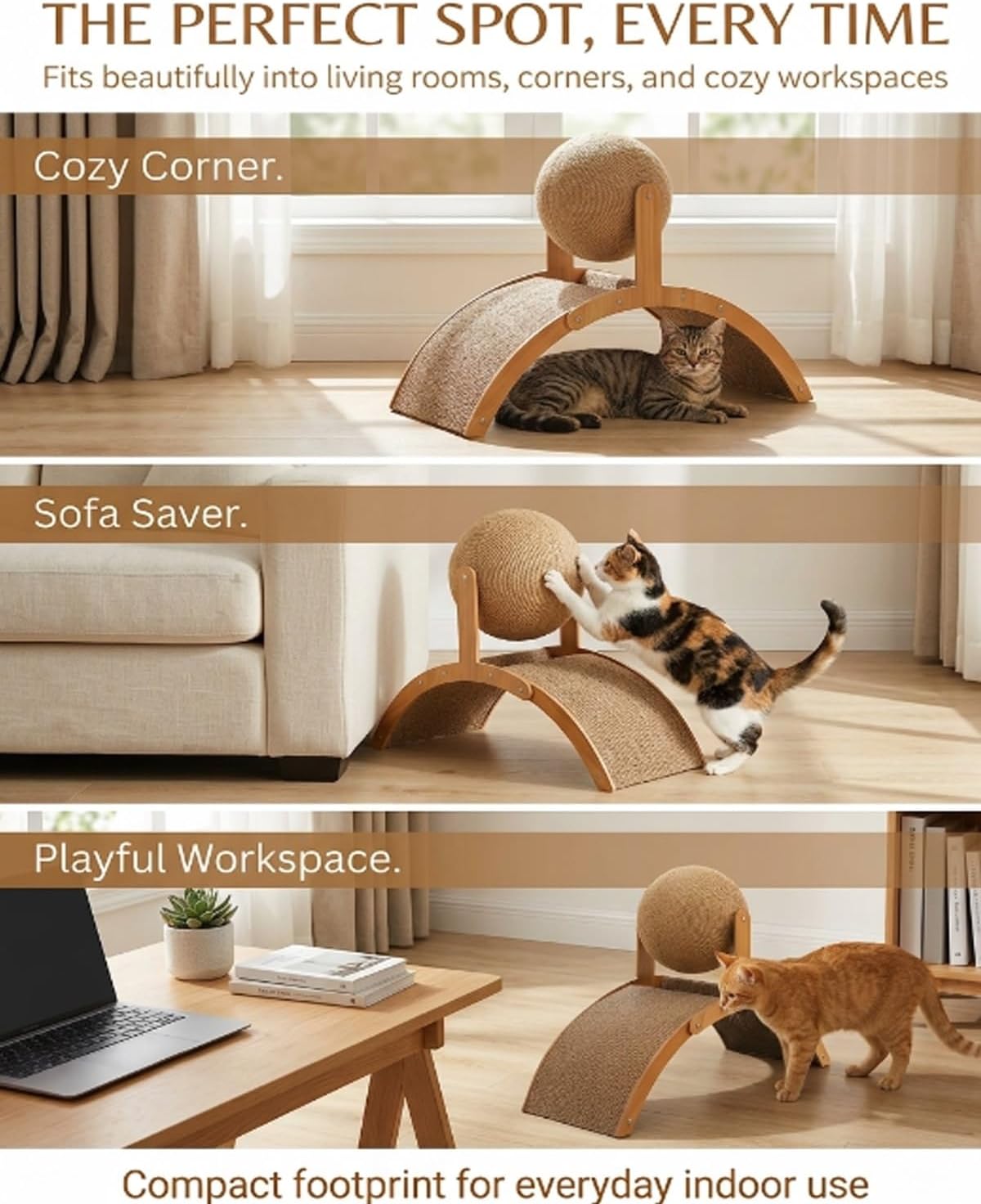 Wobble Ball Cat Scratcher, 2 in 1 Wood Interactive Cat Arch Scratching Ball on Stand with Arched Bridge and 360° Rotating Hanging Sisal Balls for Indoor Cats Kittens(Big)