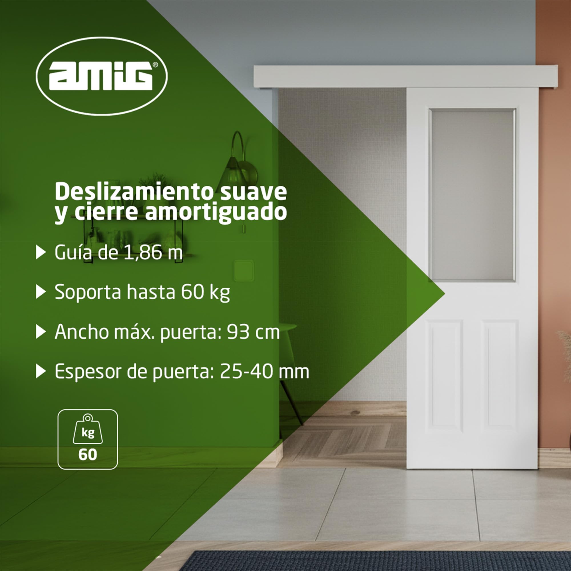 Amig - Kit puerta corredera madera - Guía 186 cm aluminio blanco con autocierre - Hasta 60 kg - Diseño elegante y duradero con cierre automático - Mod. SD005