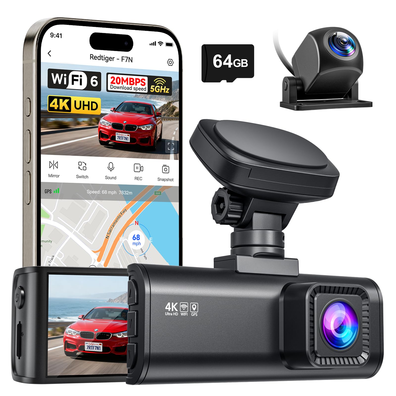 REDTIGER F7N 4K Dashcam mit WiFi GPS Vorne 4K/2.5K und Hinten 1080P Dash Kamera, Inklusive 64G Karte, 3.18" Kamera Auto, 170° Weitwinkel Dashcam Auto, Parking Monitor, Unterstützt Maximal 256GB(F7N)