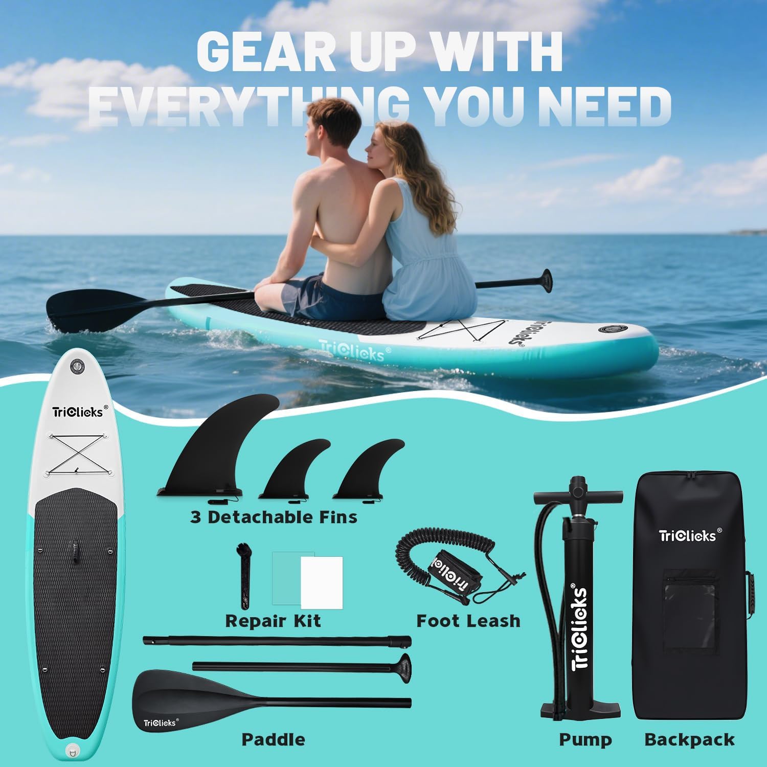 Triclicks SUP Tavola da surf gonfiabile con paletta regolabile, pompa a mano con manometro, leash, finner, zaino, 300 x 76 x 15 cm