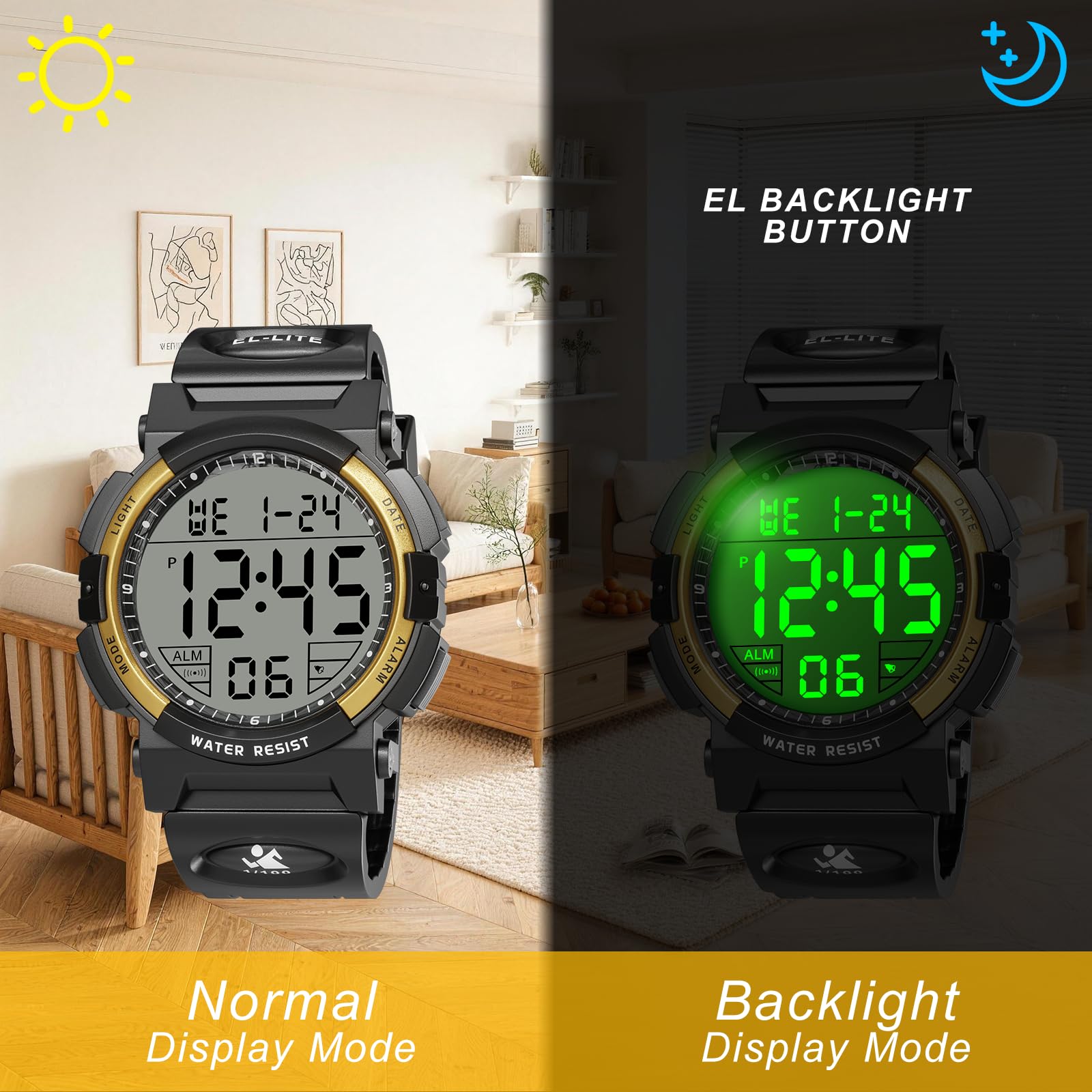 Edillas Orologio digitale impermeabile fino a 30 m con sveglia, per ragazzi attivi (nero oro)