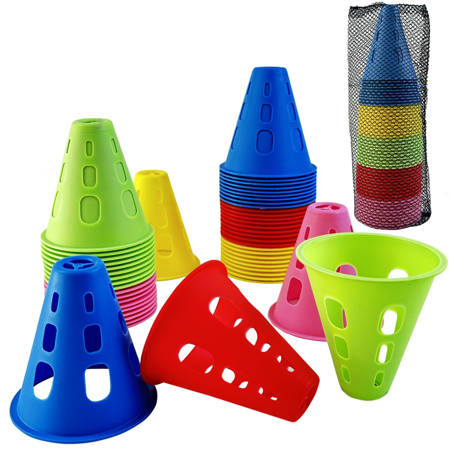 Cônes de Slalom,50 Pièces cônes entraînement coloré, Patinage Multicolore Pile Obstacle,pour Sport, Cone de marquage pour Roller, Football et Vélo,Slalom, des Exercices