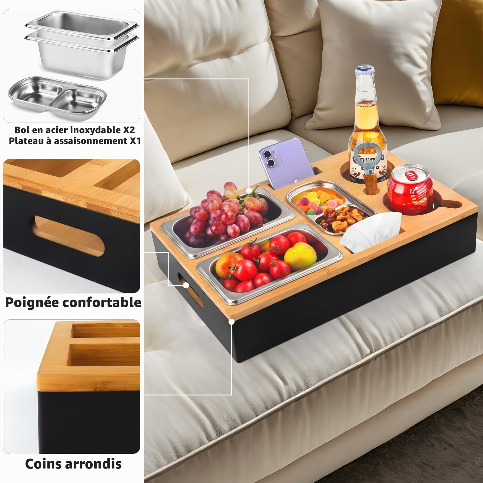 Boîte à goûter pour canapé, Cadeau d'anniversaire pour Homme, Distributeur de collation avec Bol à collation, Porte-Bouteille, Organisateur de collation, Couvercle Amovible pour canapé
