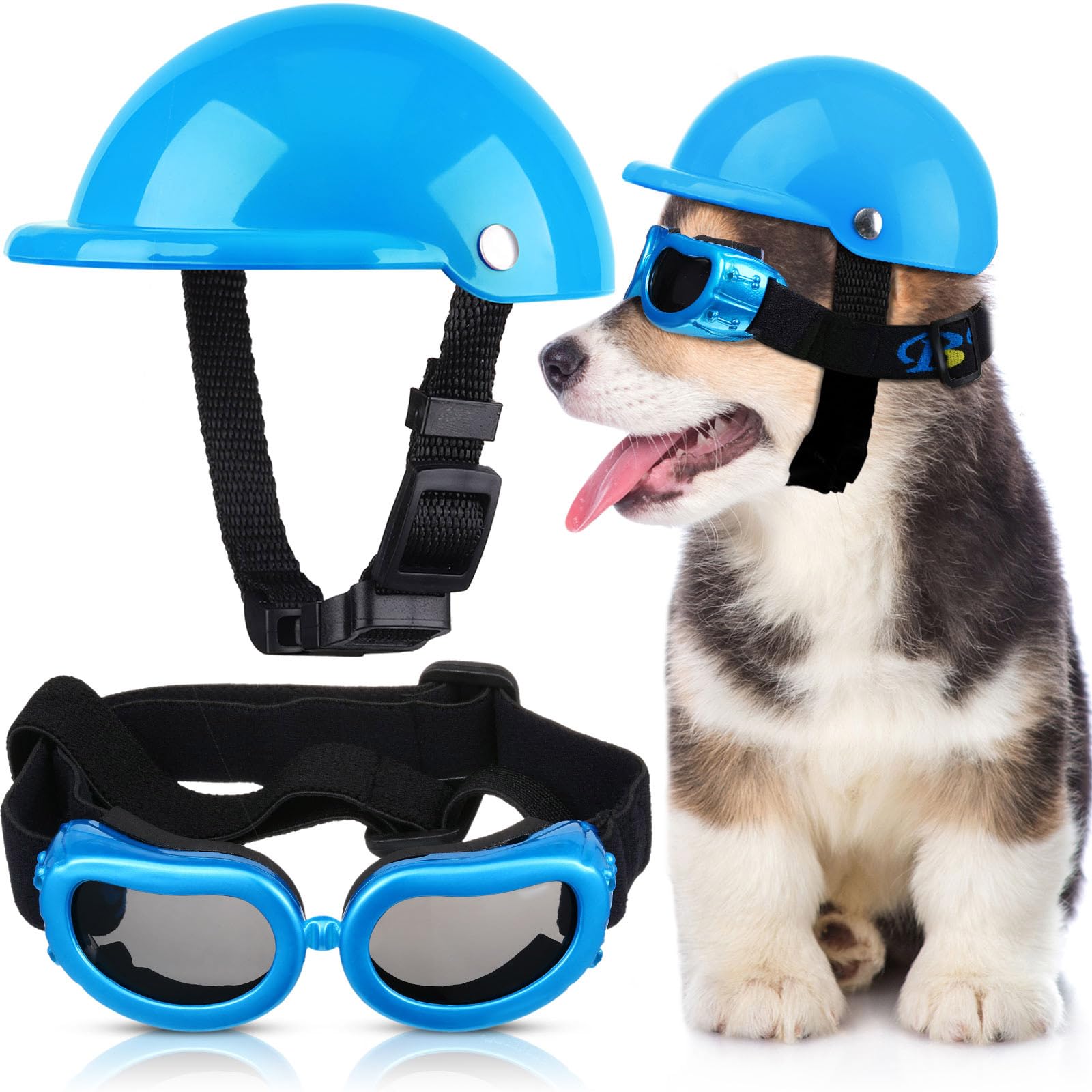Frienda Dog Helmet and Goggles, UV Protection Doggy Sunglasses and 4 Inch Padded Puppy Motorcycle Helmet Adorable Dog Goggles with Adjustable Belt for