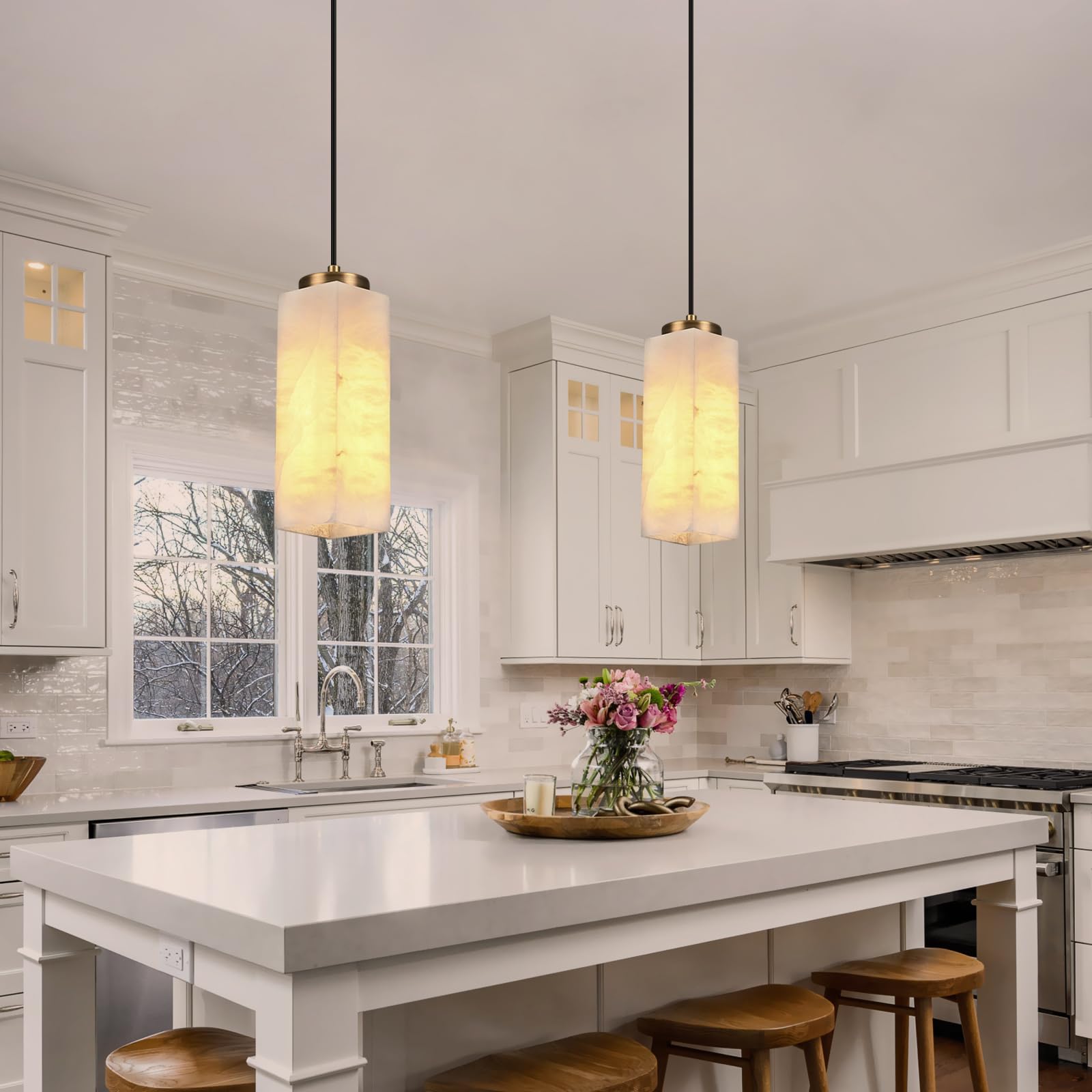 Natural Alabaster Pendant Lights Set of Two, H-11in Pendant Light Fixtures, Marble Square Shade Copper, Light Pendant for Bedroom Dining Room Living Room (E12 Bulbs INCL) Gold