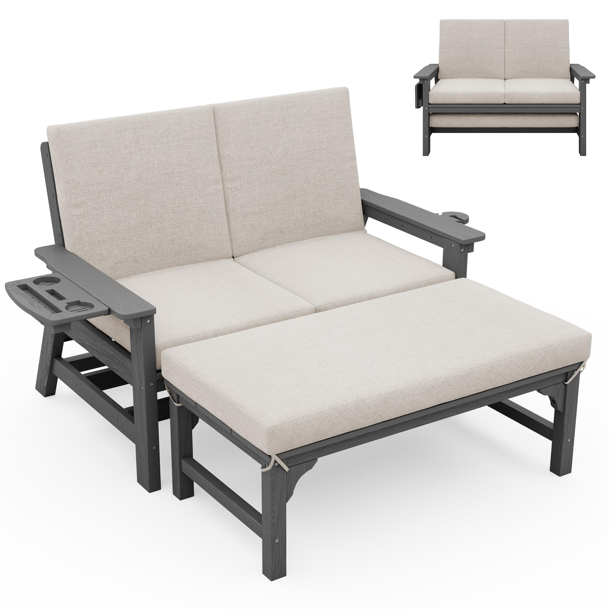SERWALL 2-in-1 HDPE Outdoor Sofa Daybed with Cushions &amp; Ottoman Table Set