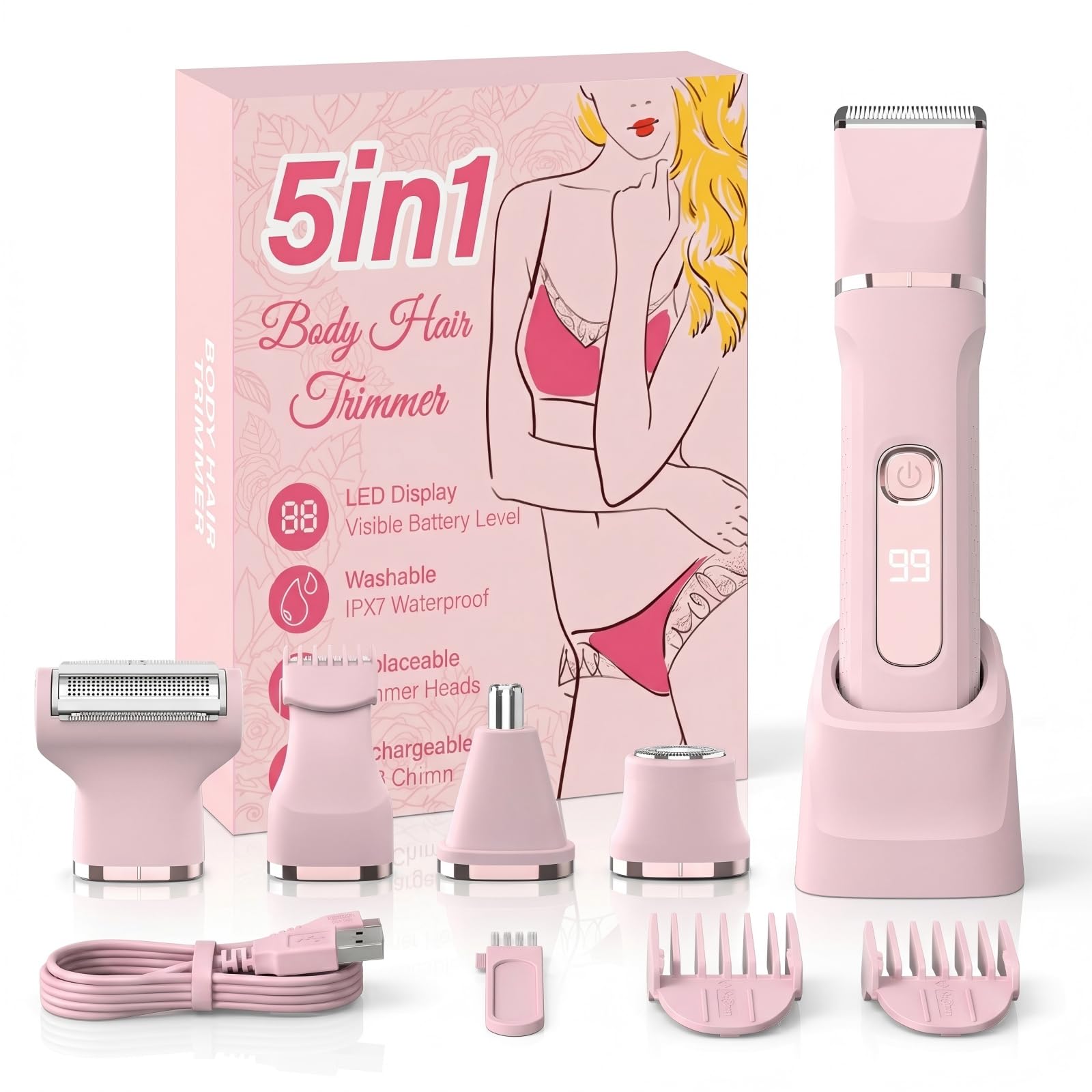 KINGTEE 5-in-1 bikini trimmer for women in pink